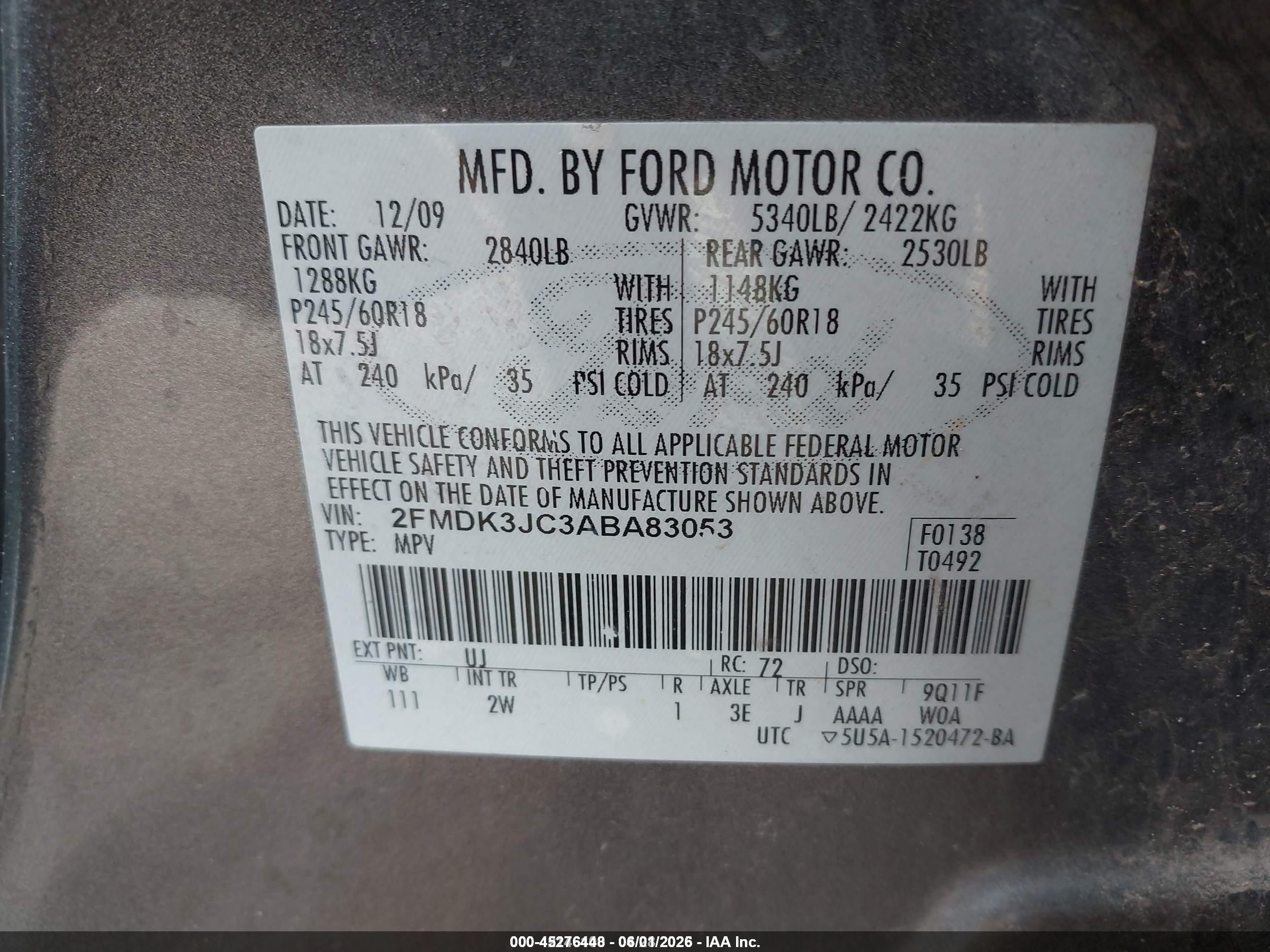 2010 Ford Edge Sel Gray vin: 2FMDK3JC3ABA83053