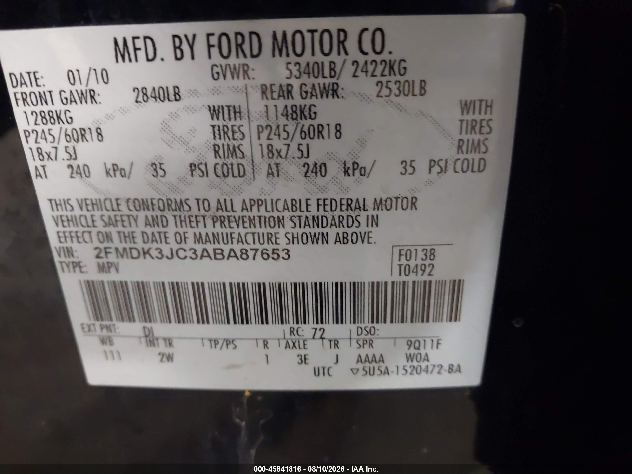 2010 Ford Edge Sel Dark Blue vin: 2FMDK3JC3ABA87653