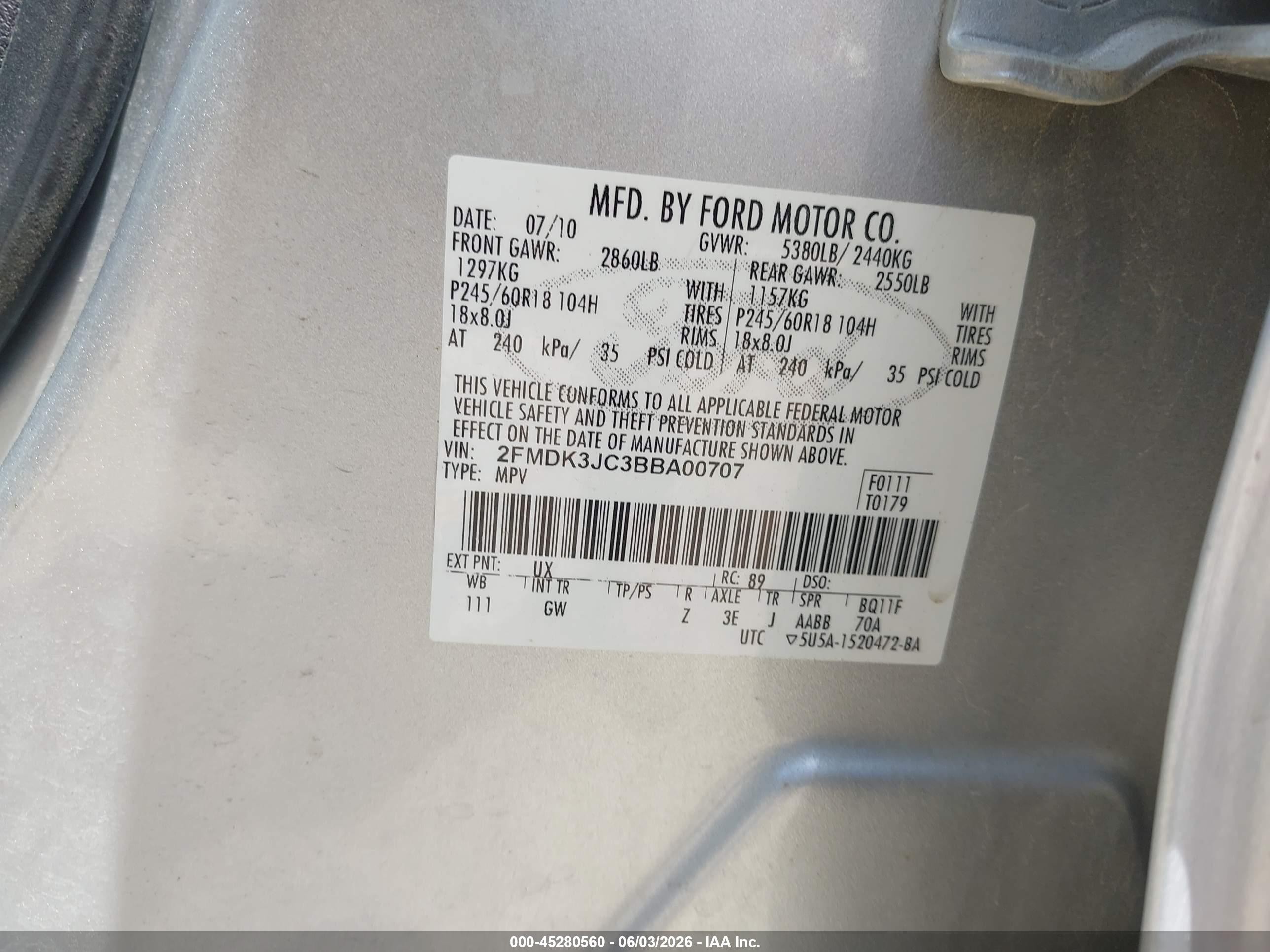 2011 Ford Edge Sel Silver vin: 2FMDK3JC3BBA00707