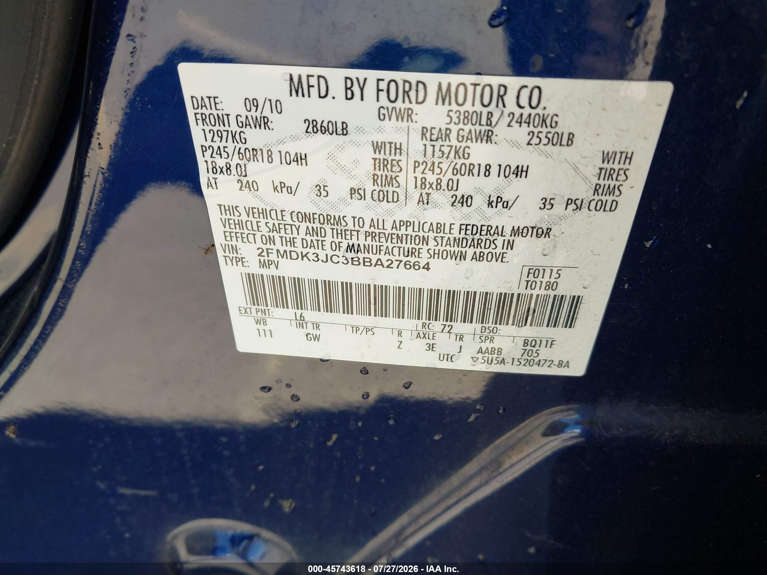 2011 Ford Edge Sel Blue vin: 2FMDK3JC3BBA27664