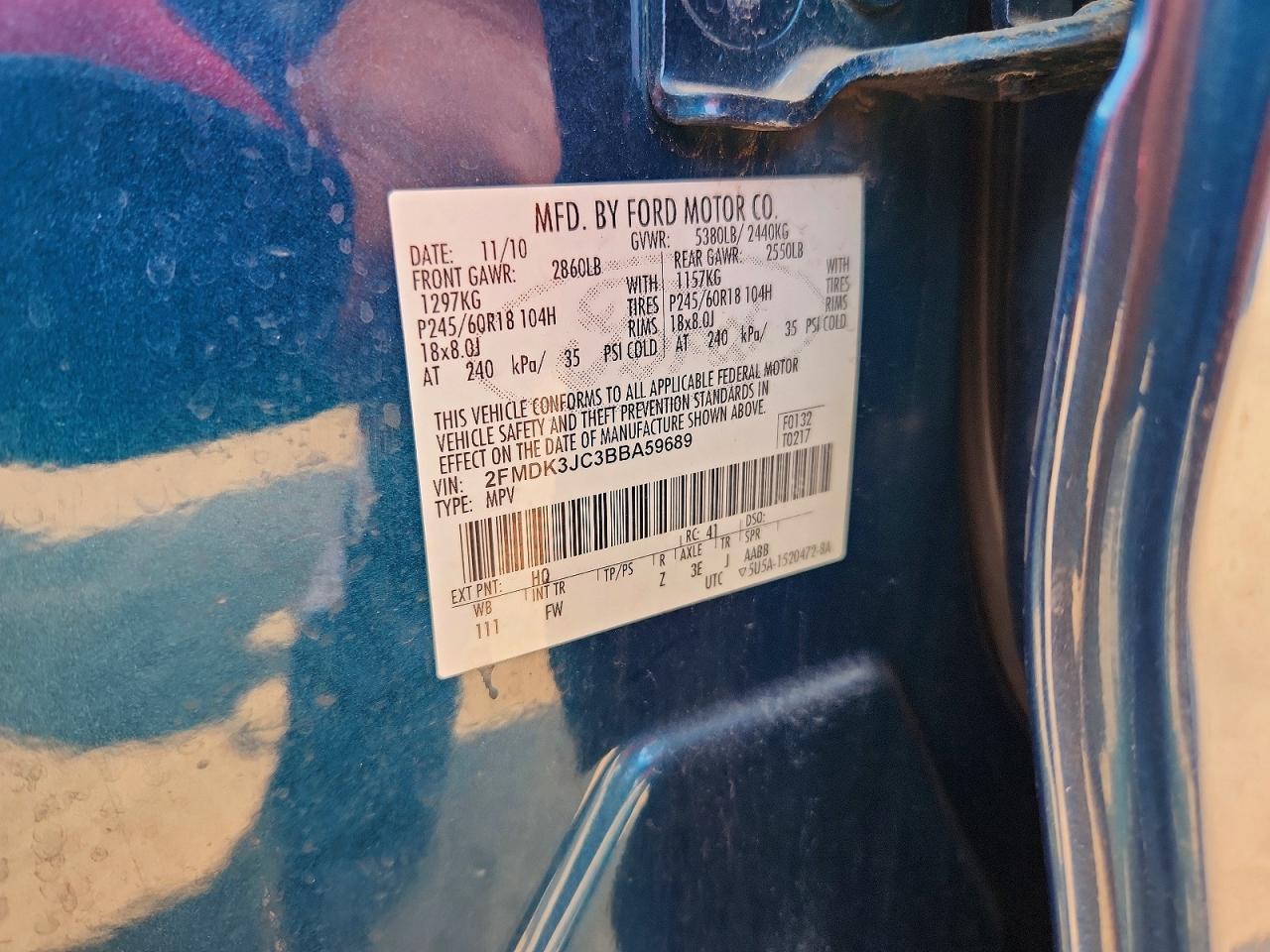 2011 Ford Edge Sel Blue vin: 2FMDK3JC3BBA59689