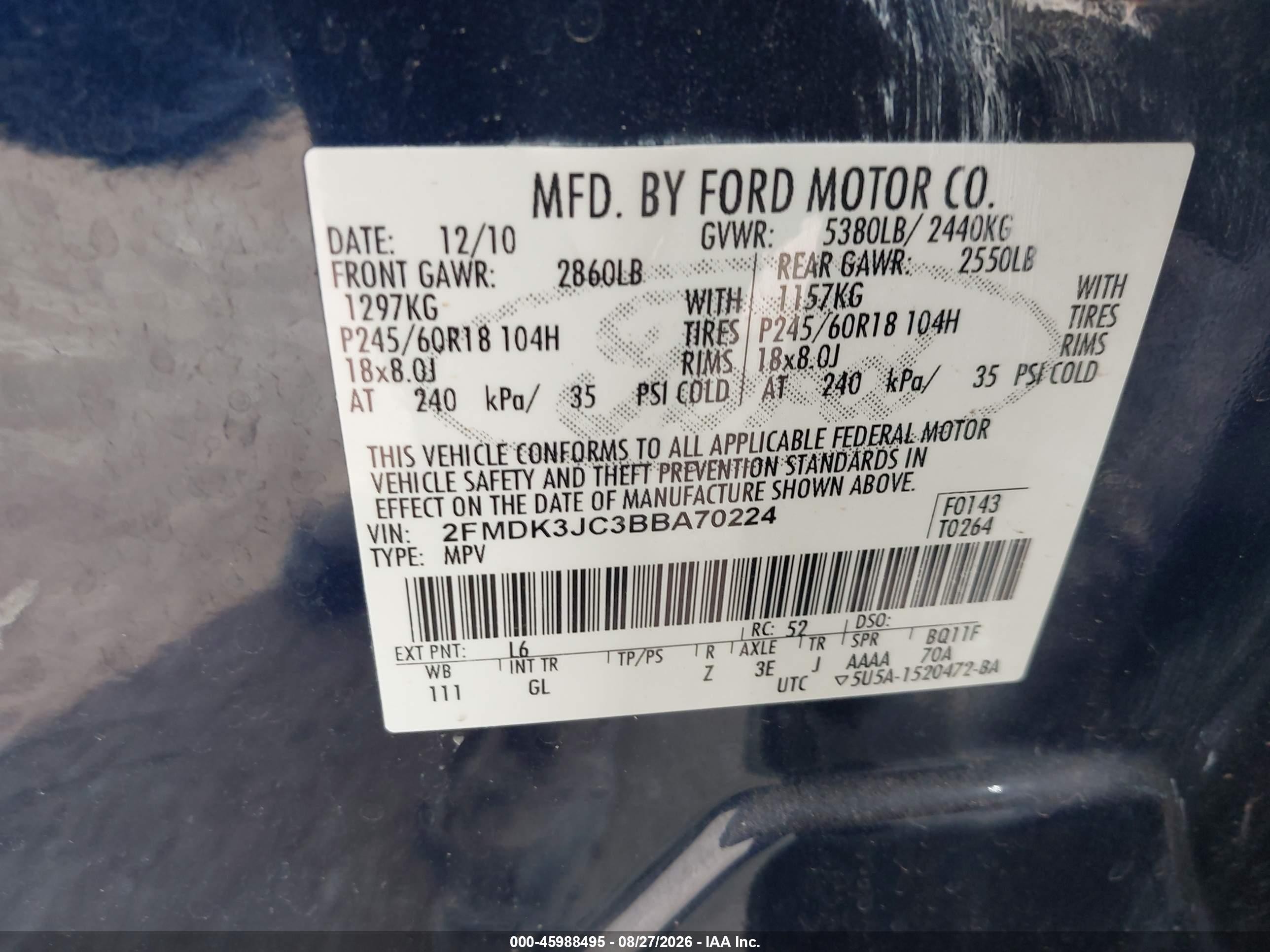 2011 Ford Edge Sel Blue vin: 2FMDK3JC3BBA70224