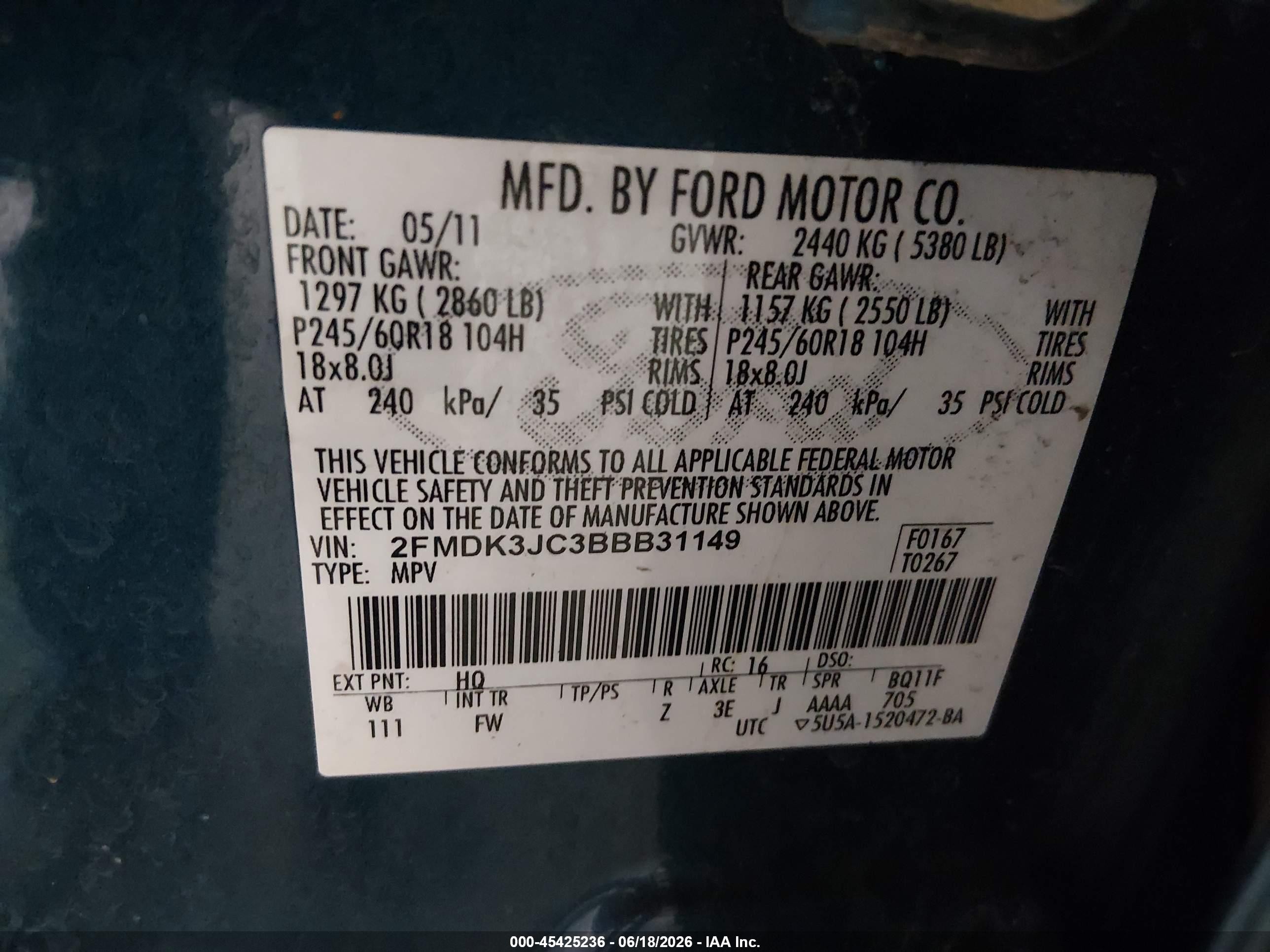 2011 Ford Edge Sel Turquoise vin: 2FMDK3JC3BBB31149
