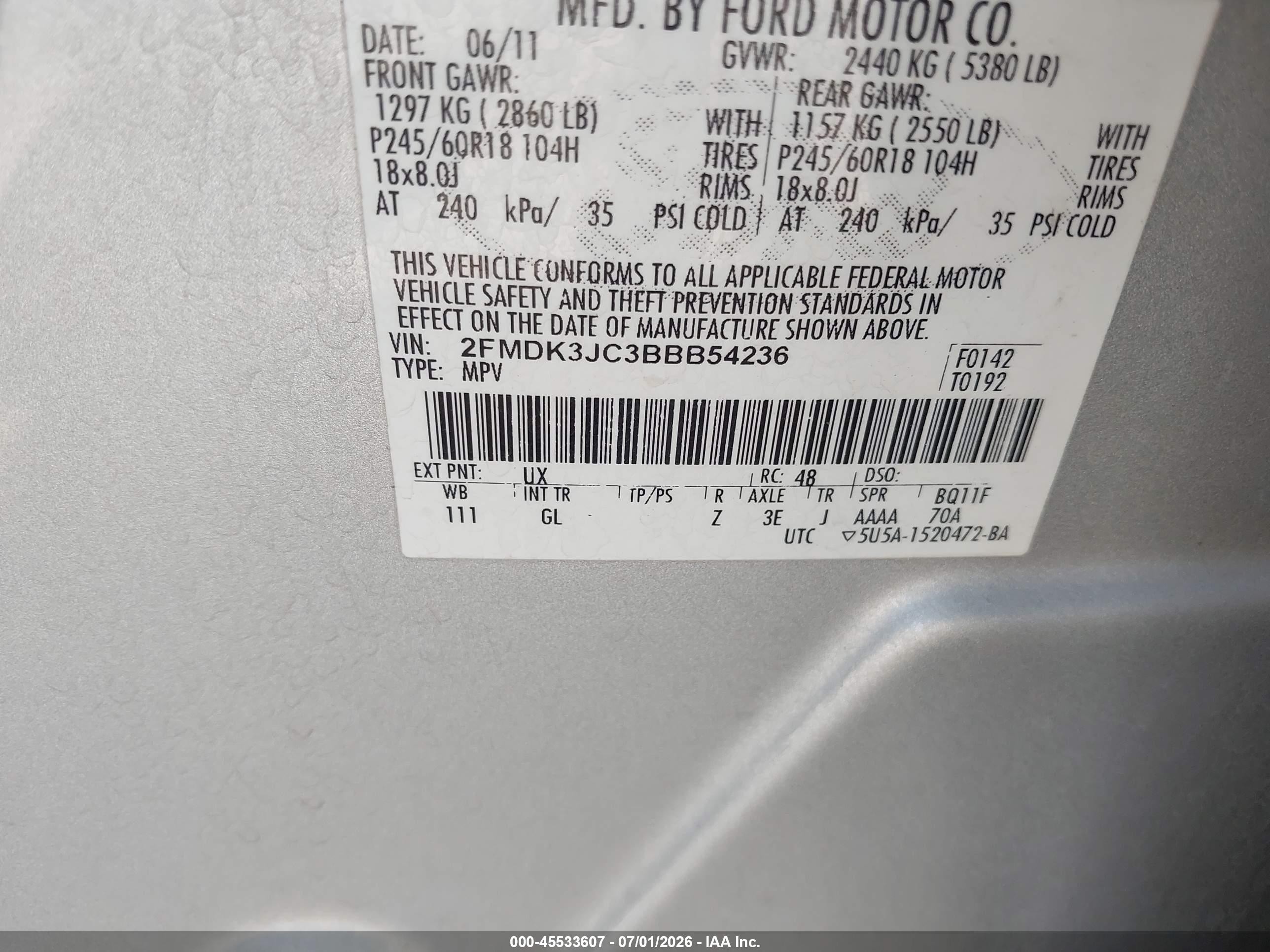 2011 Ford Edge Sel Silver vin: 2FMDK3JC3BBB54236