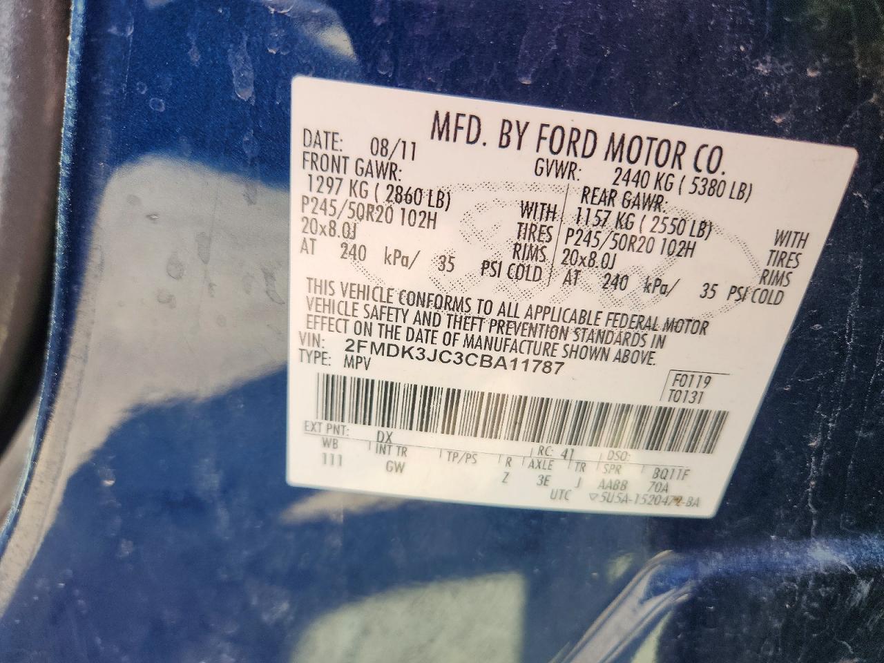2012 Ford Edge Sel Blue vin: 2FMDK3JC3CBA11787