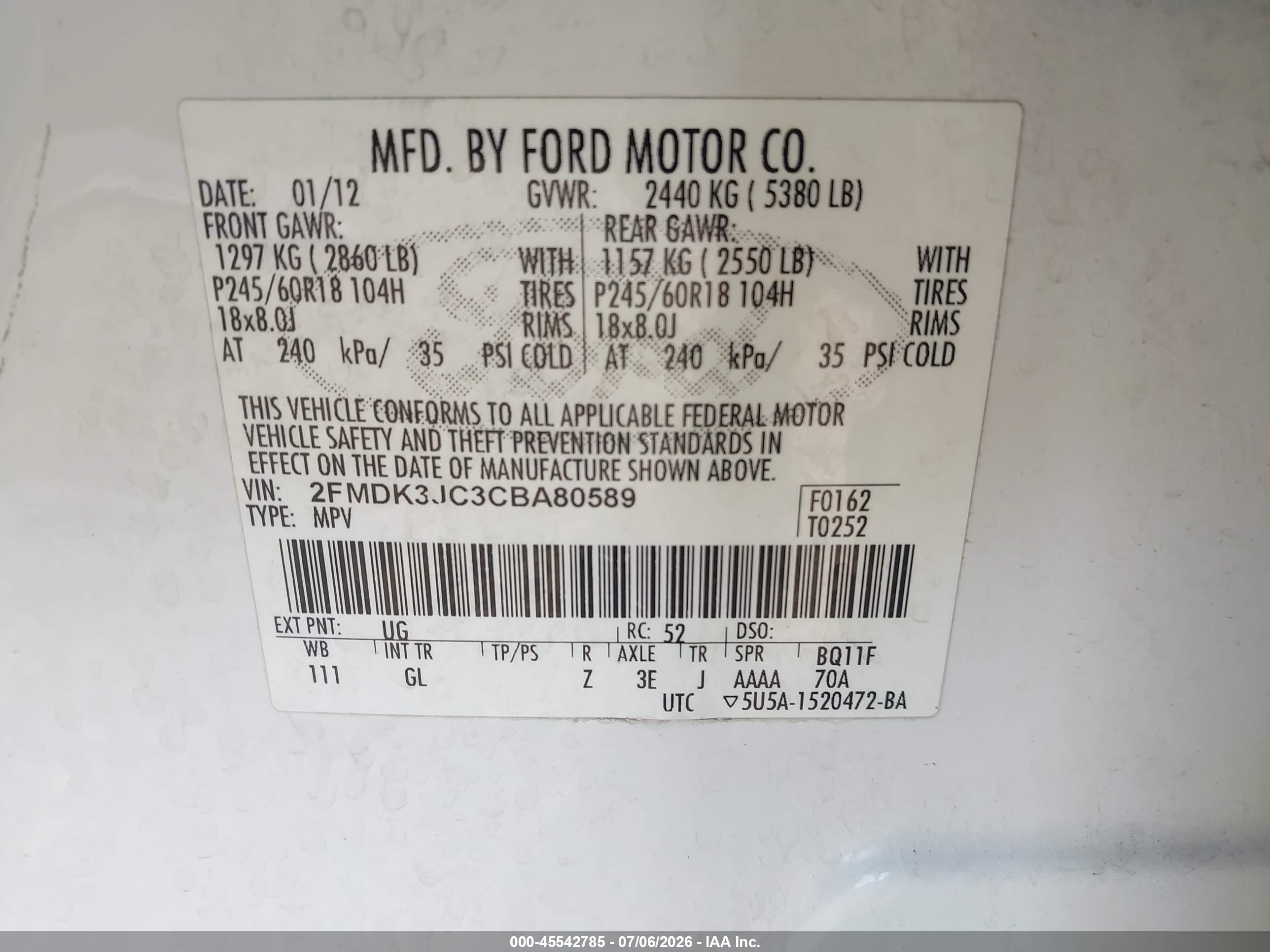 2012 Ford Edge Sel White vin: 2FMDK3JC3CBA80589
