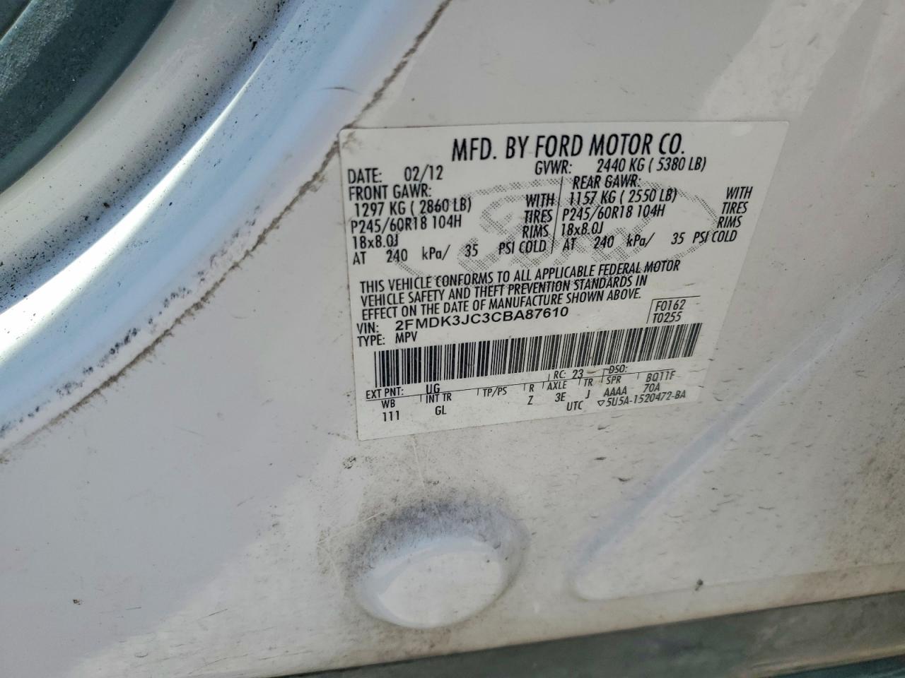 2012 Ford Edge Sel White vin: 2FMDK3JC3CBA87610