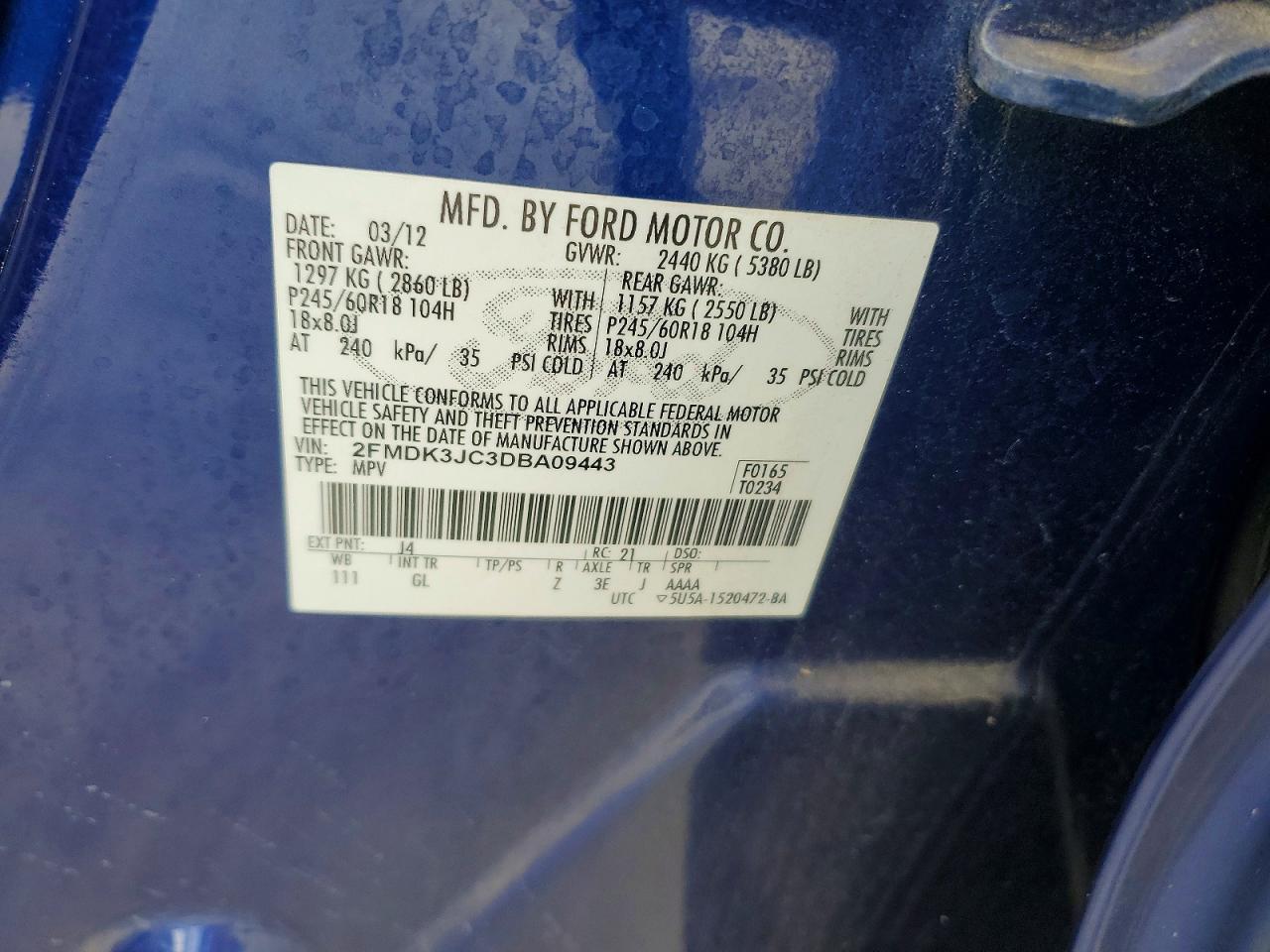 2013 Ford Edge Sel Blue vin: 2FMDK3JC3DBA09443