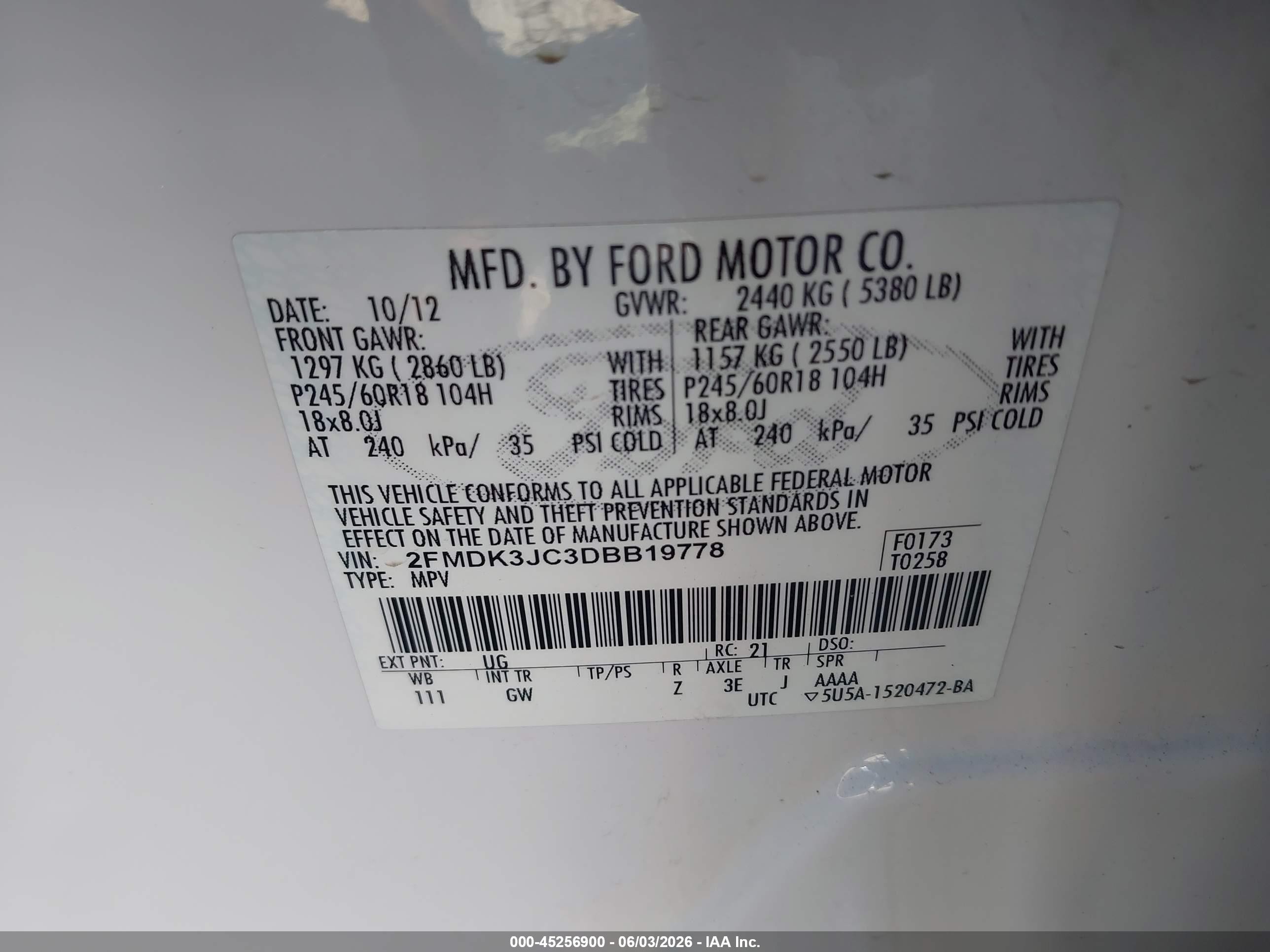 2013 Ford Edge Sel White vin: 2FMDK3JC3DBB19778