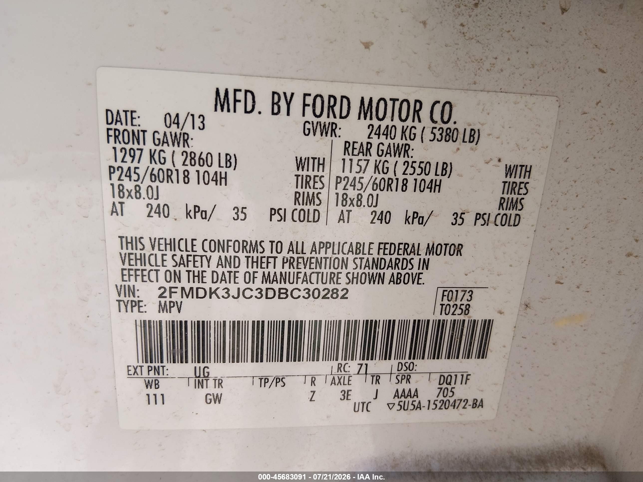 2013 Ford Edge Sel White vin: 2FMDK3JC3DBC30282