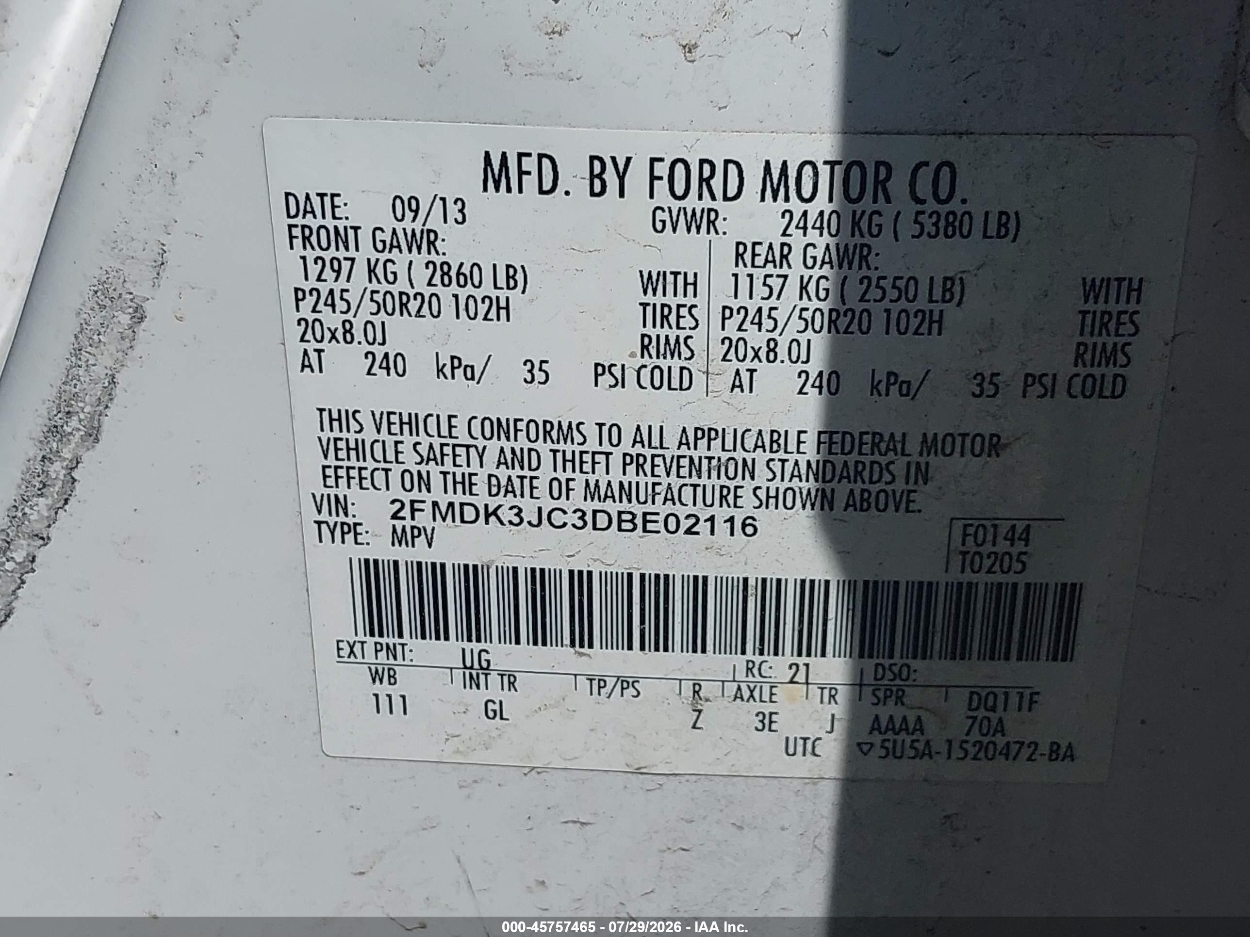 2013 Ford Edge Sel White vin: 2FMDK3JC3DBE02116
