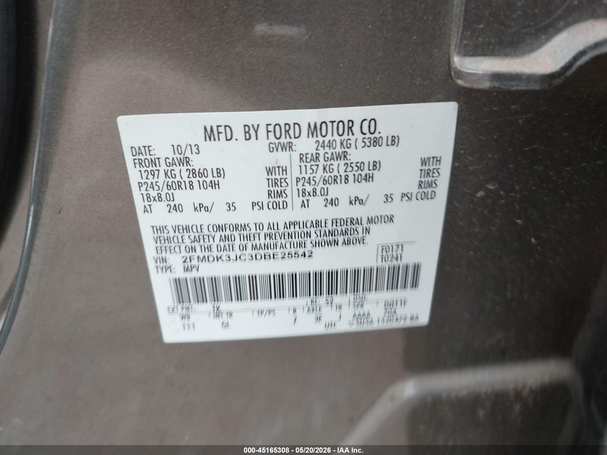 2013 Ford Edge Sel Champagne vin: 2FMDK3JC3DBE25542