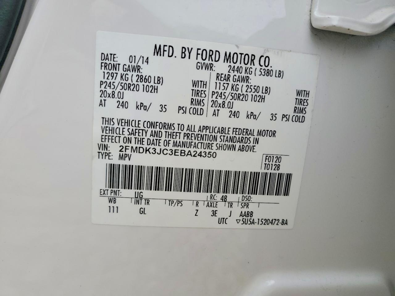 2014 Ford Edge Sel Белый vin: 2FMDK3JC3EBA24350