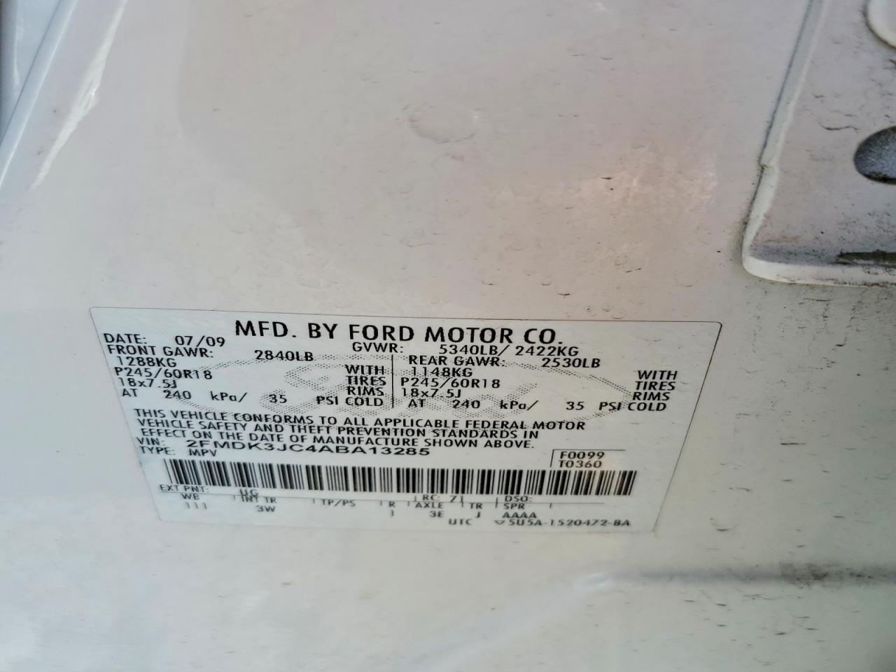 2010 Ford Edge Sel White vin: 2FMDK3JC4ABA13285