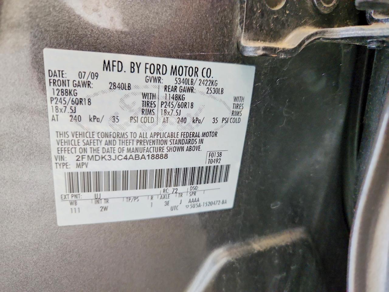 2010 Ford Edge Sel Серый vin: 2FMDK3JC4ABA18888