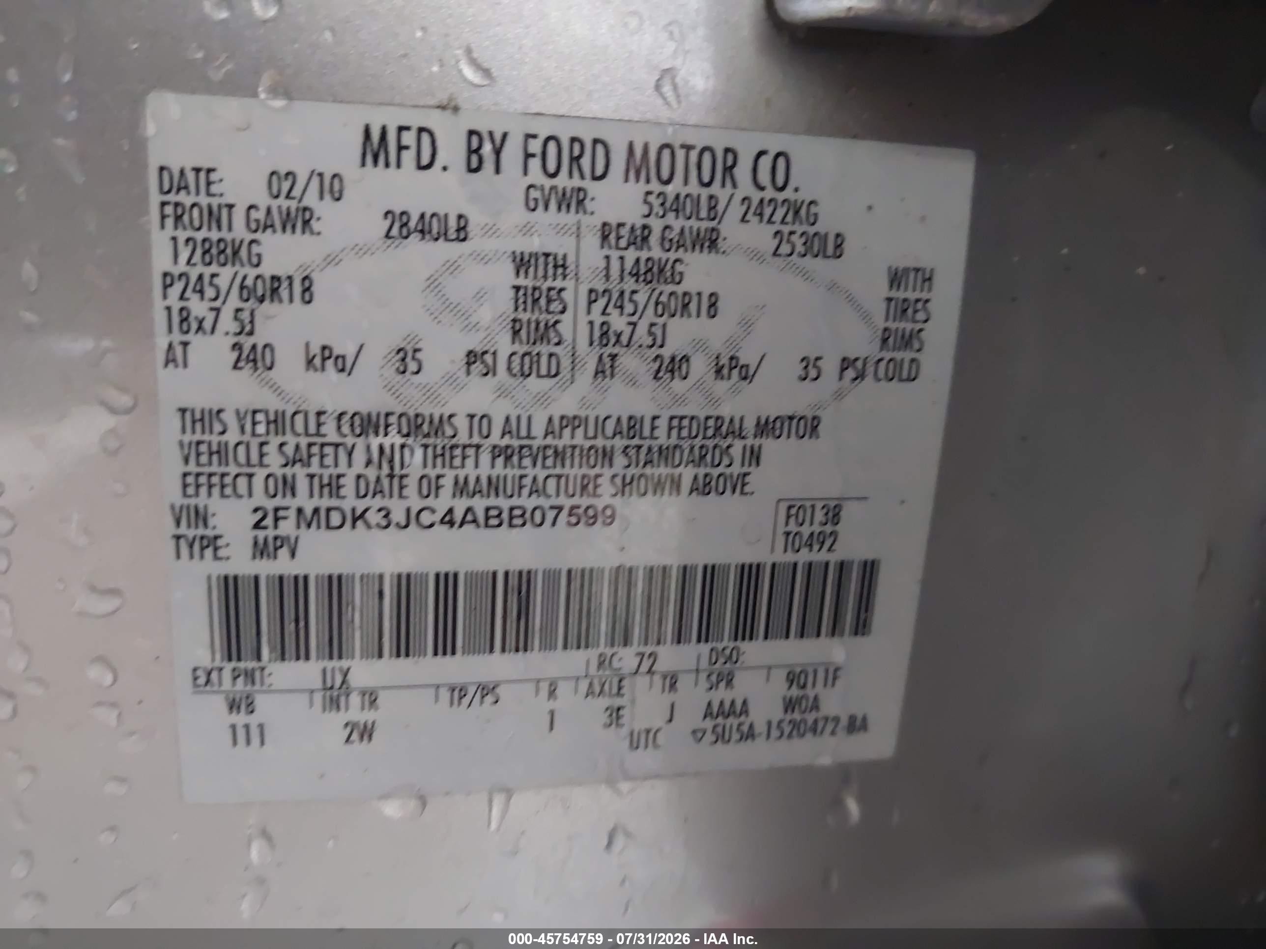 2010 Ford Edge Sel Silver vin: 2FMDK3JC4ABB07599