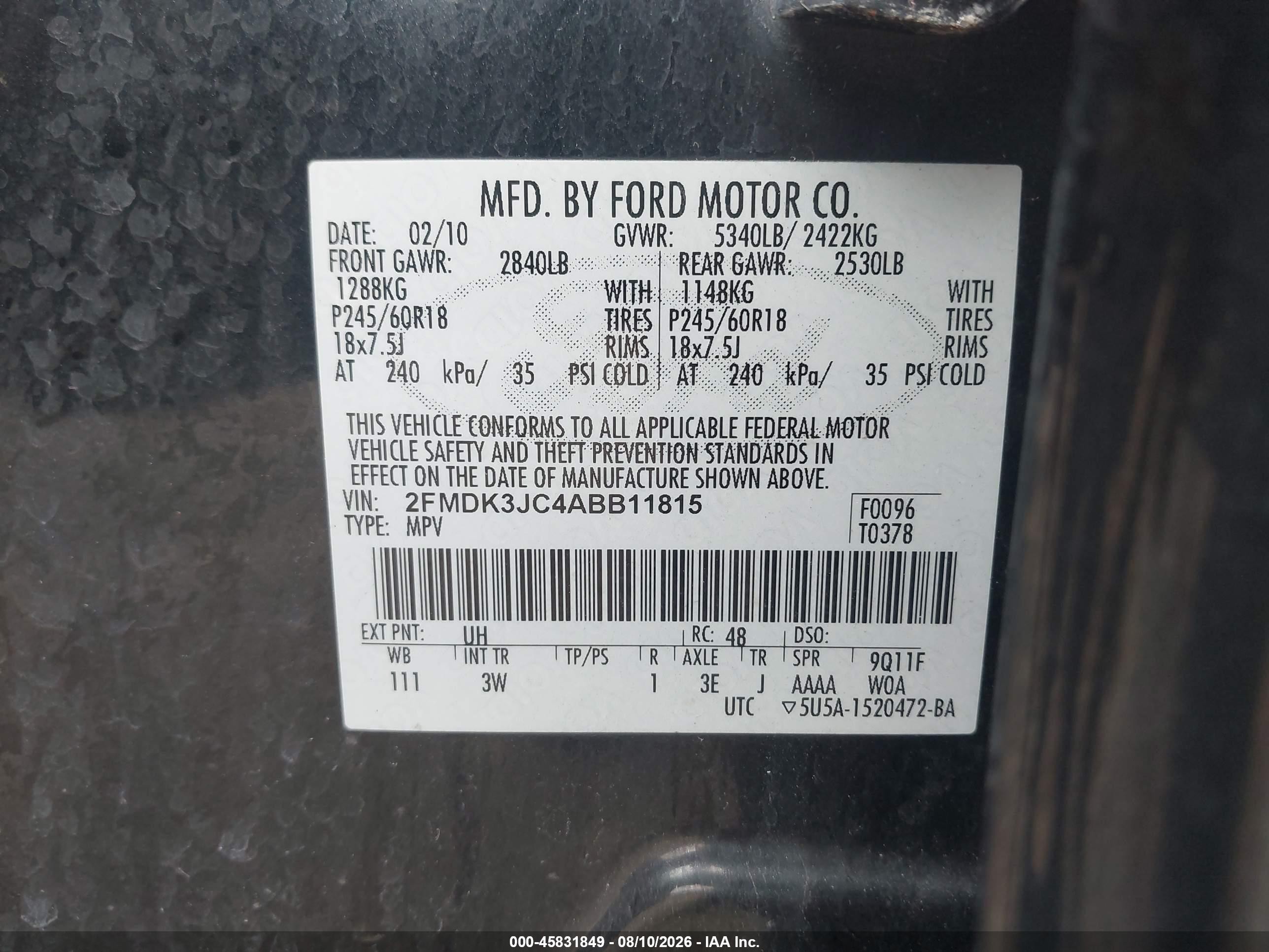 2010 Ford Edge Sel Black vin: 2FMDK3JC4ABB11815