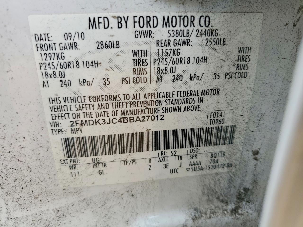 2011 Ford Edge Sel Белый vin: 2FMDK3JC4BBA27012