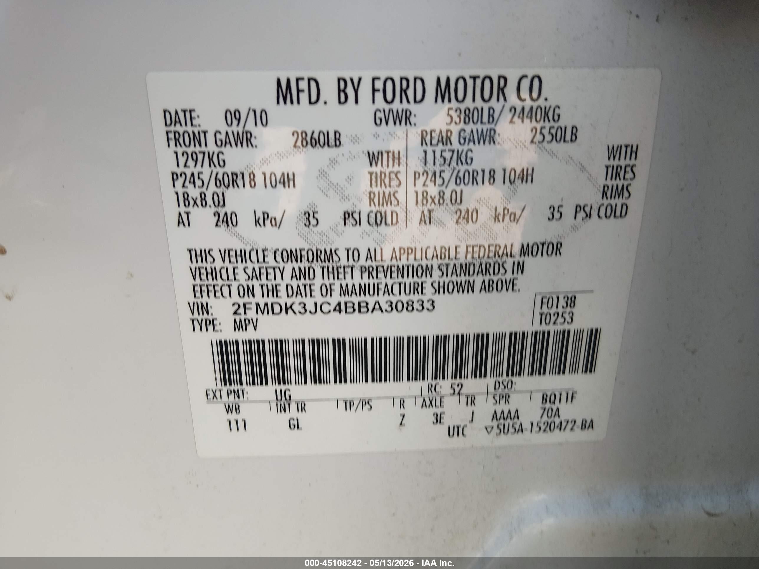 2011 Ford Edge Sel White vin: 2FMDK3JC4BBA30833