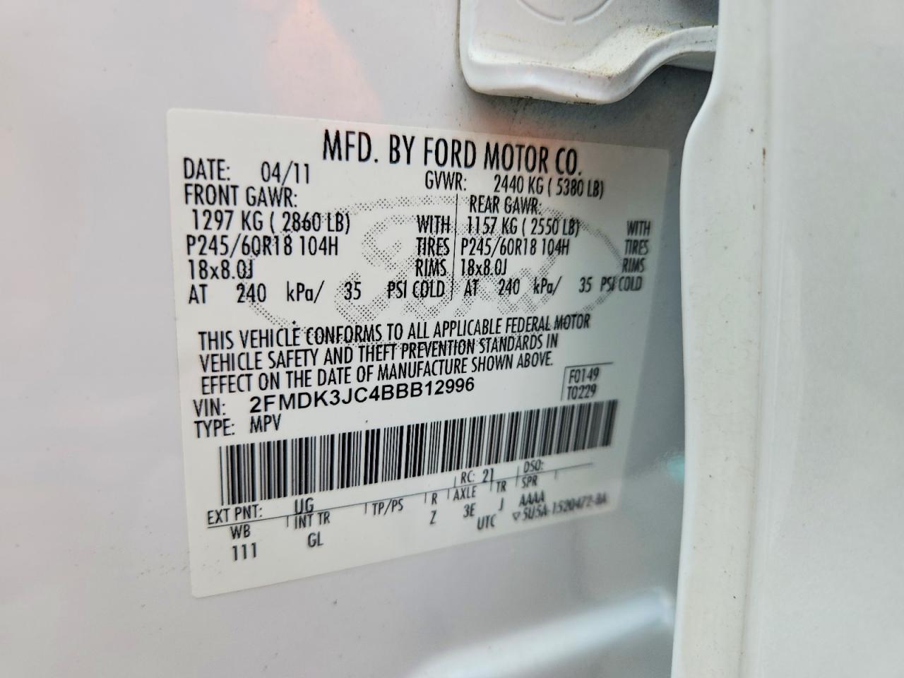 2011 Ford Edge Sel White vin: 2FMDK3JC4BBB12996