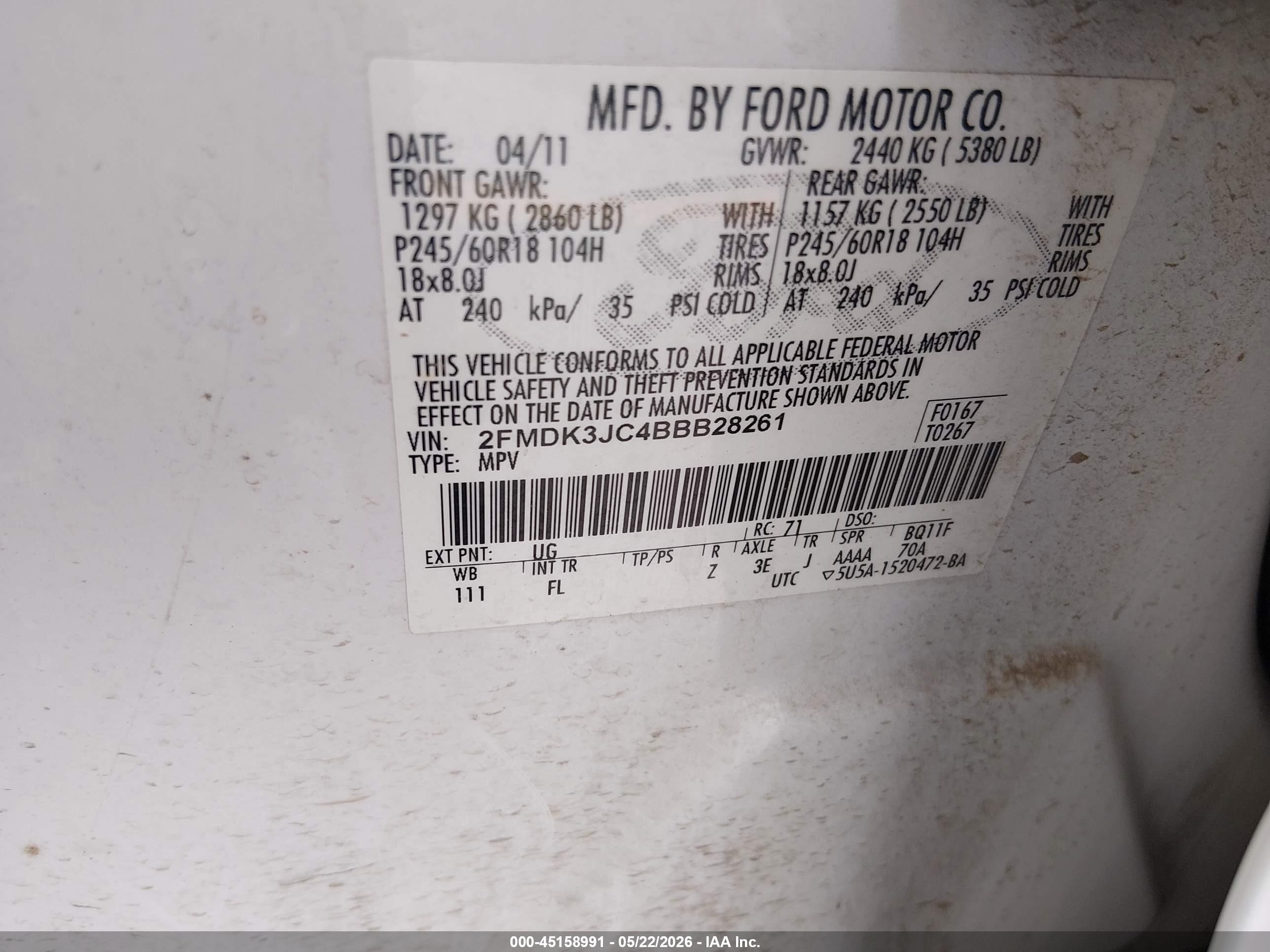 2011 Ford Edge Sel White vin: 2FMDK3JC4BBB28261