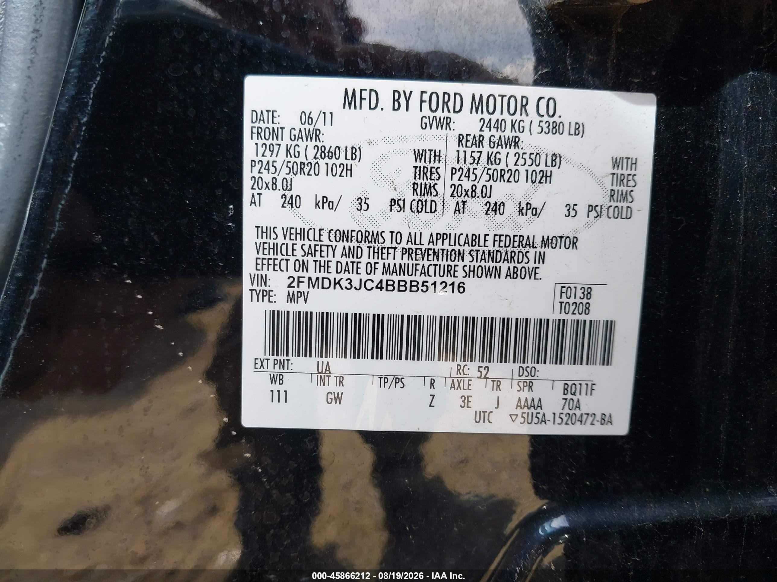 2011 Ford Edge Sel Black vin: 2FMDK3JC4BBB51216