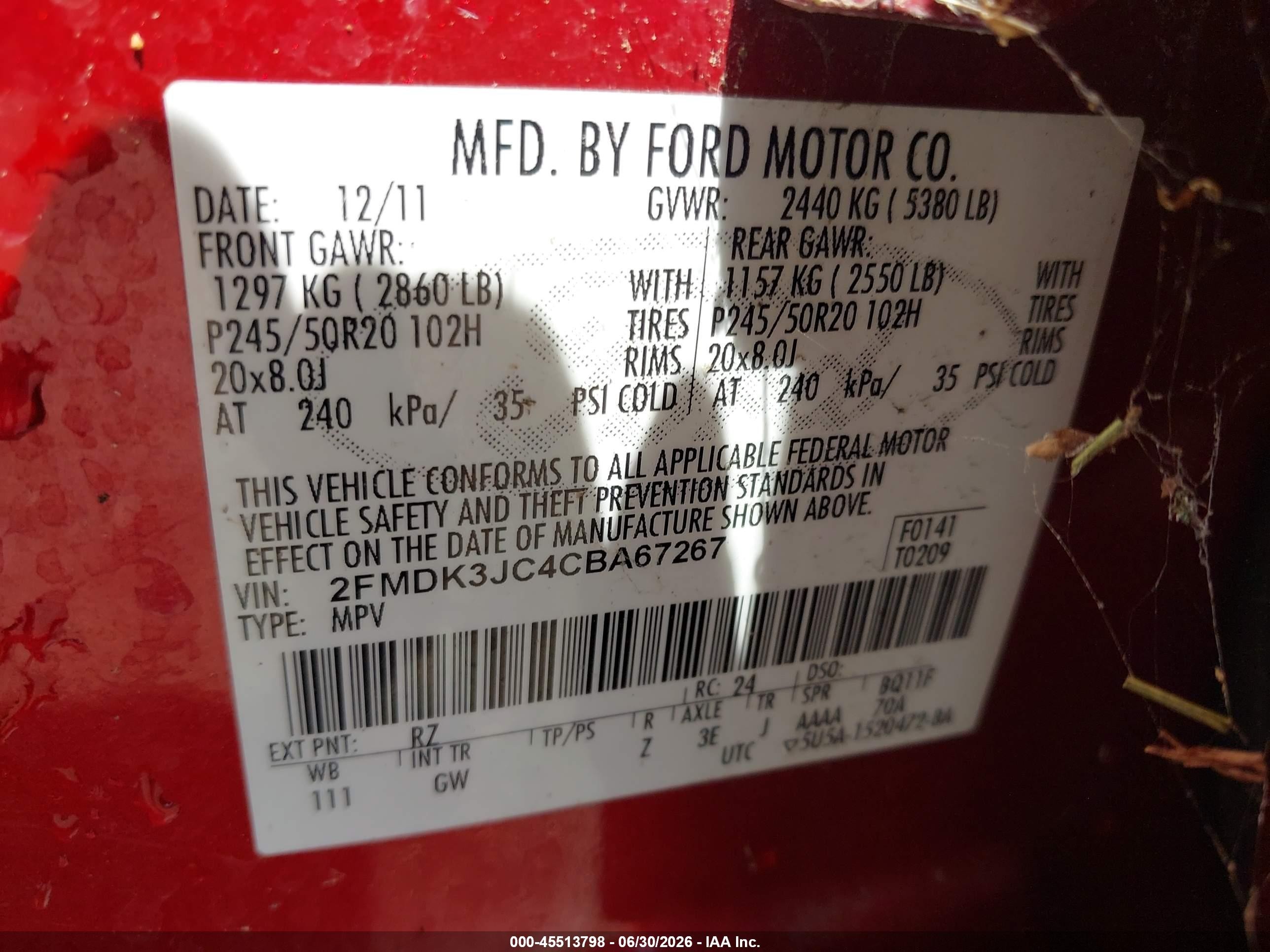 2012 Ford Edge Sel Red vin: 2FMDK3JC4CBA67267
