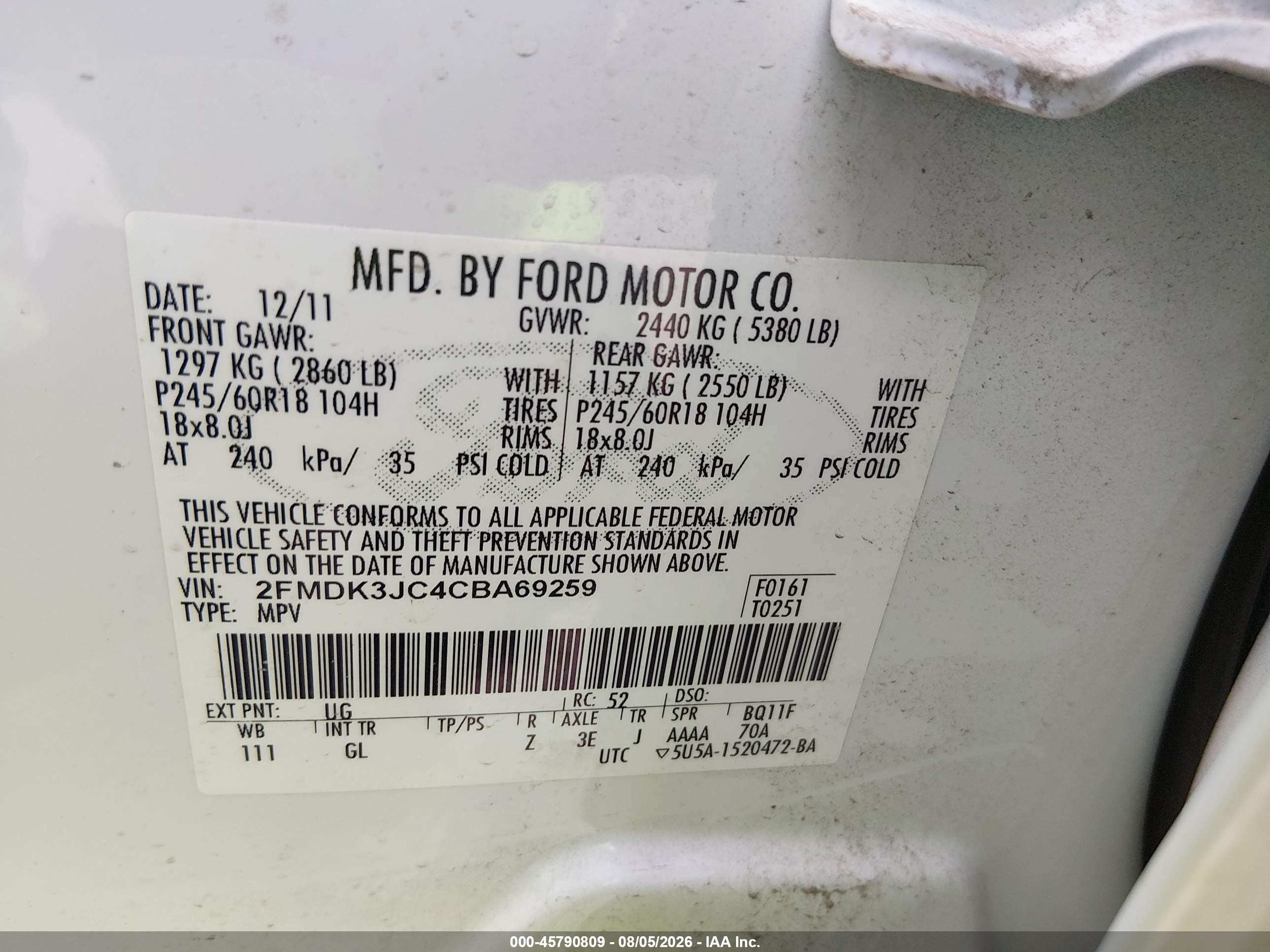 2012 Ford Edge Sel White vin: 2FMDK3JC4CBA69259