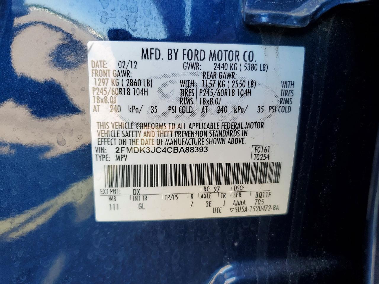 2012 Ford Edge Sel Синий vin: 2FMDK3JC4CBA88393