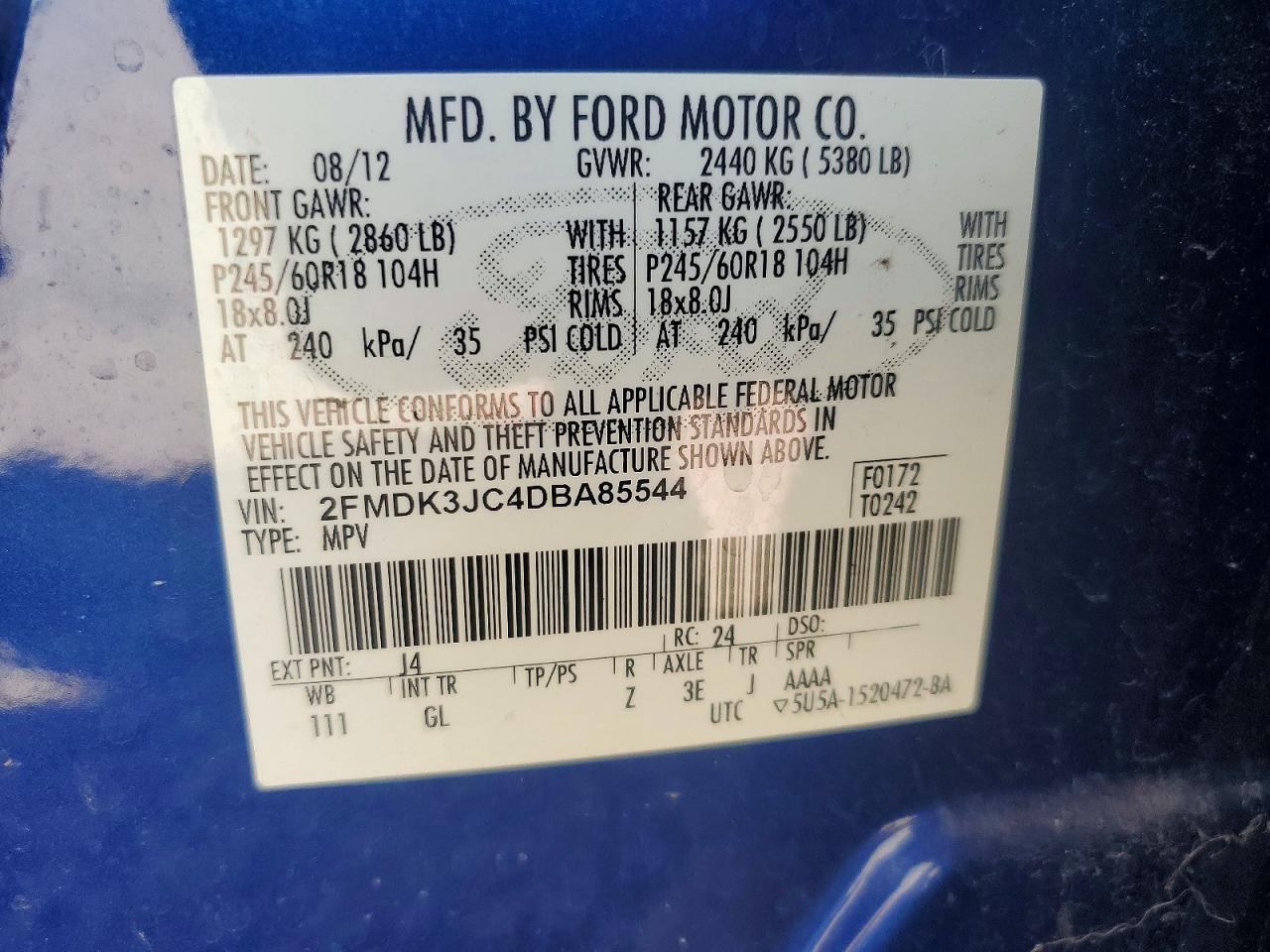2013 Ford Edge Sel Blue vin: 2FMDK3JC4DBA85544