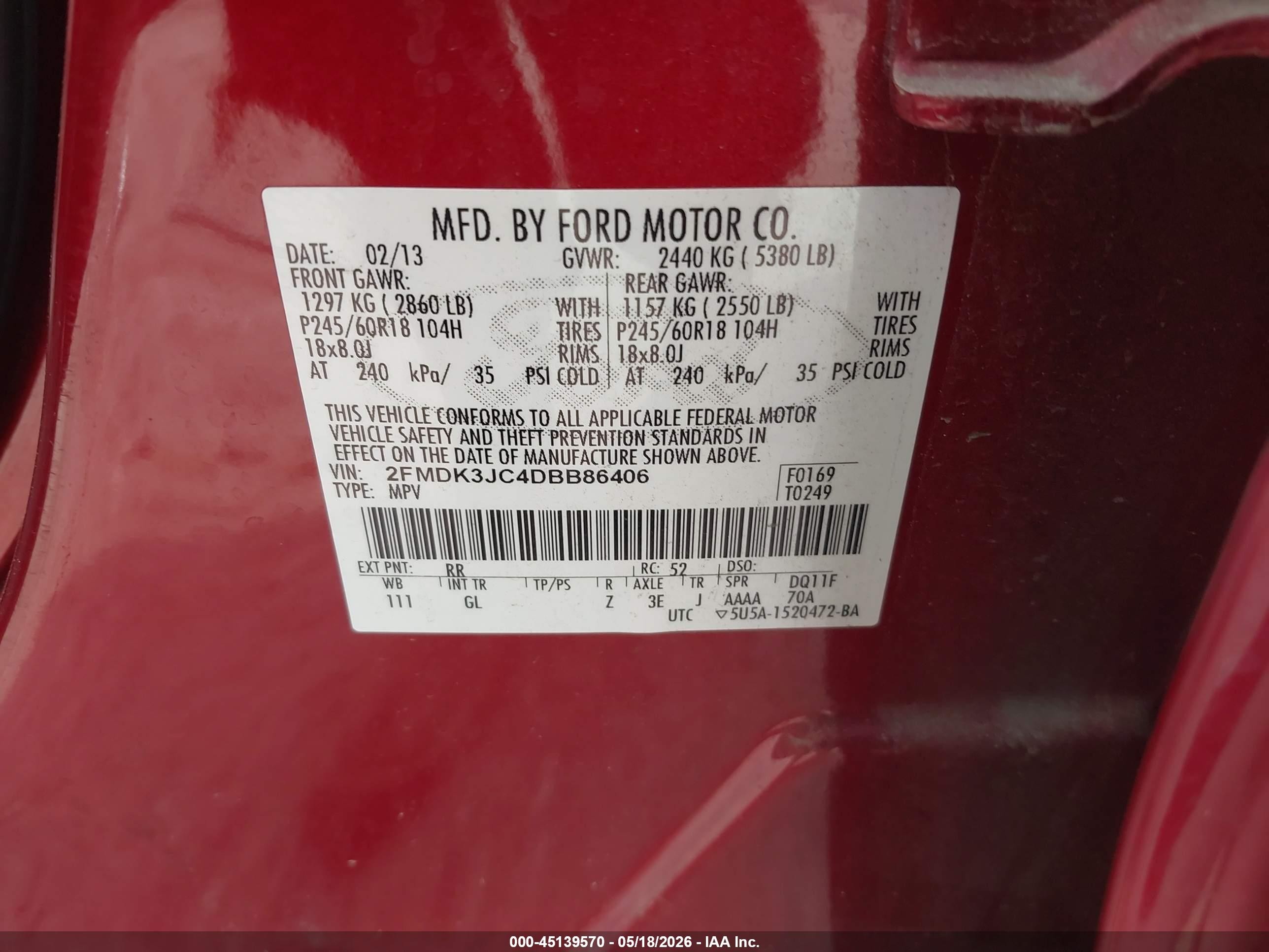 2013 Ford Edge Sel Red vin: 2FMDK3JC4DBB86406