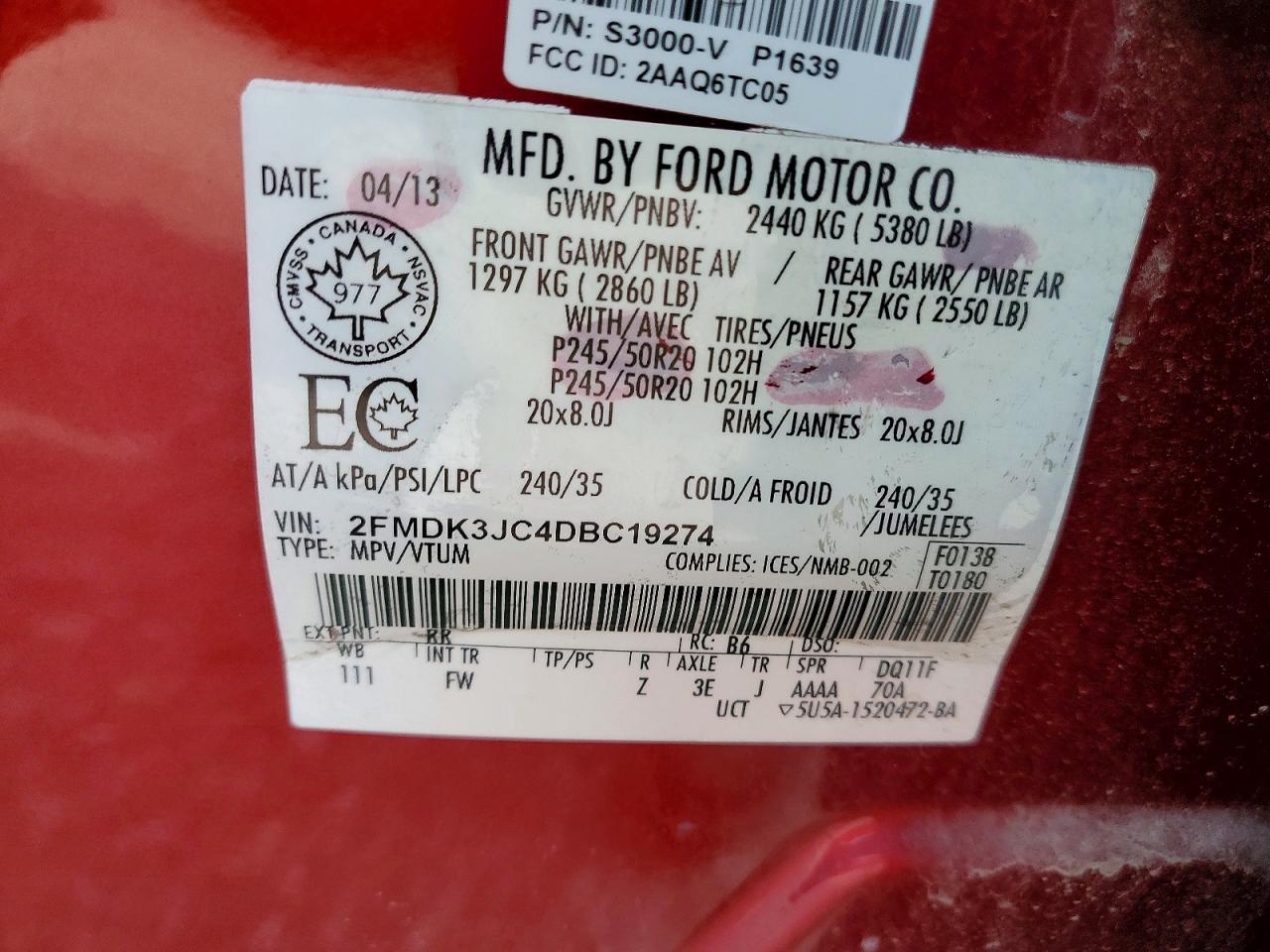 2013 Ford Edge Sel Red vin: 2FMDK3JC4DBC19274