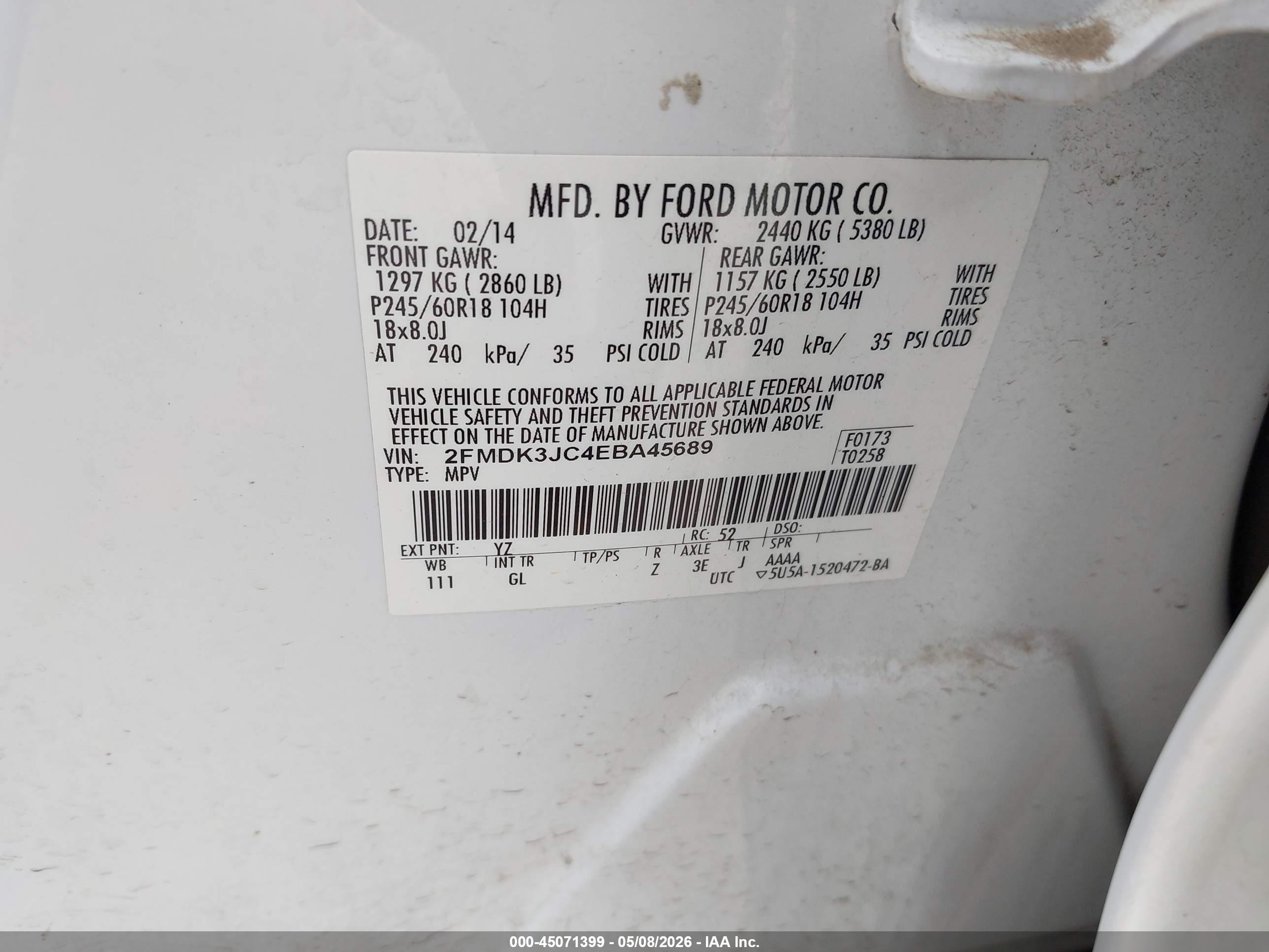 2014 Ford Edge Sel White vin: 2FMDK3JC4EBA45689