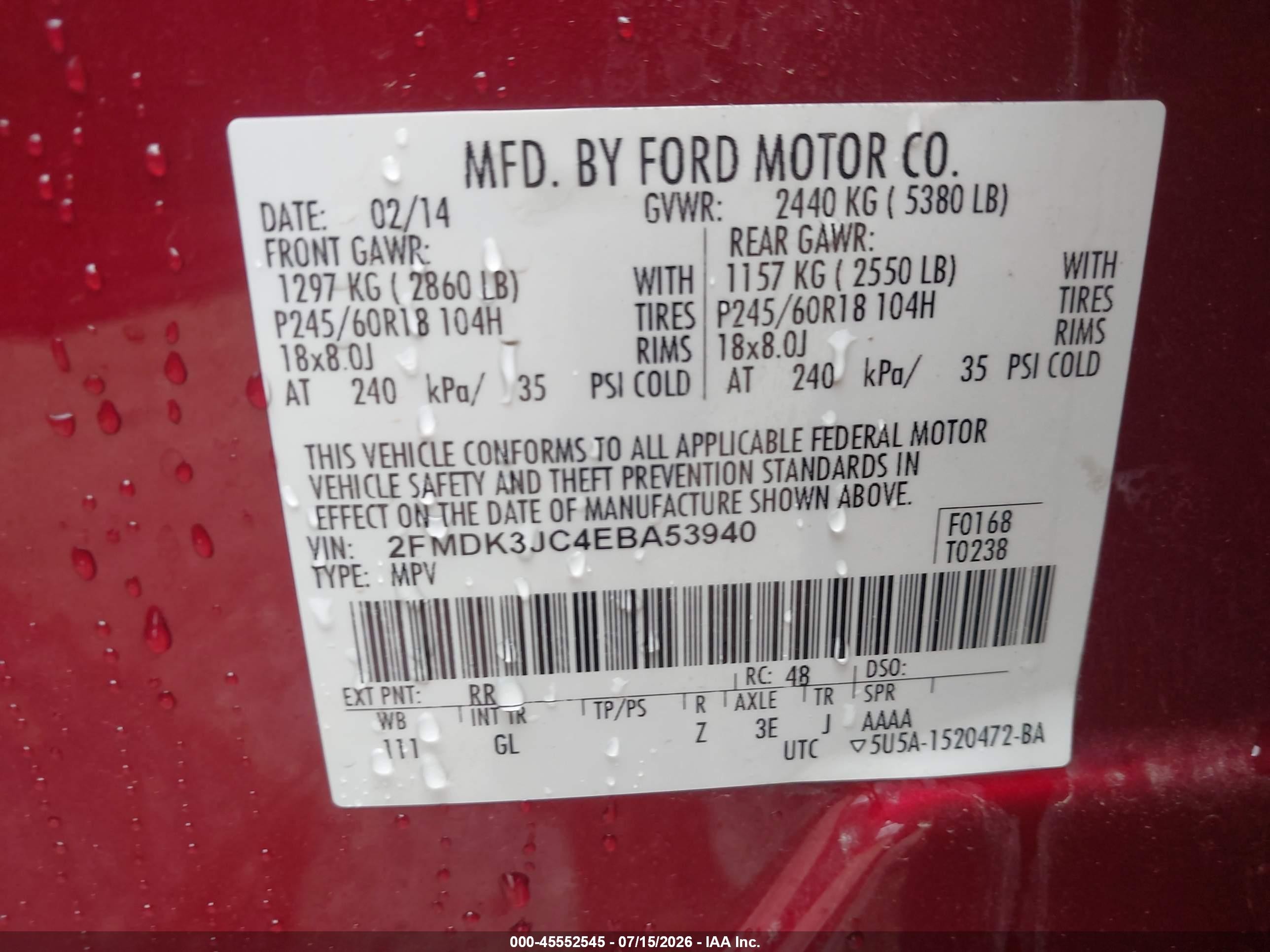 2014 Ford Edge Sel Red vin: 2FMDK3JC4EBA53940