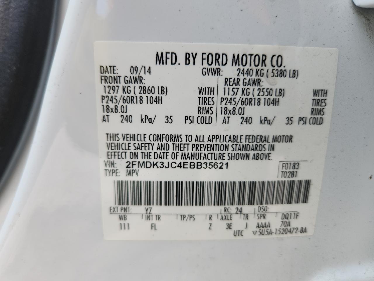 2014 Ford Edge Sel White vin: 2FMDK3JC4EBB35621