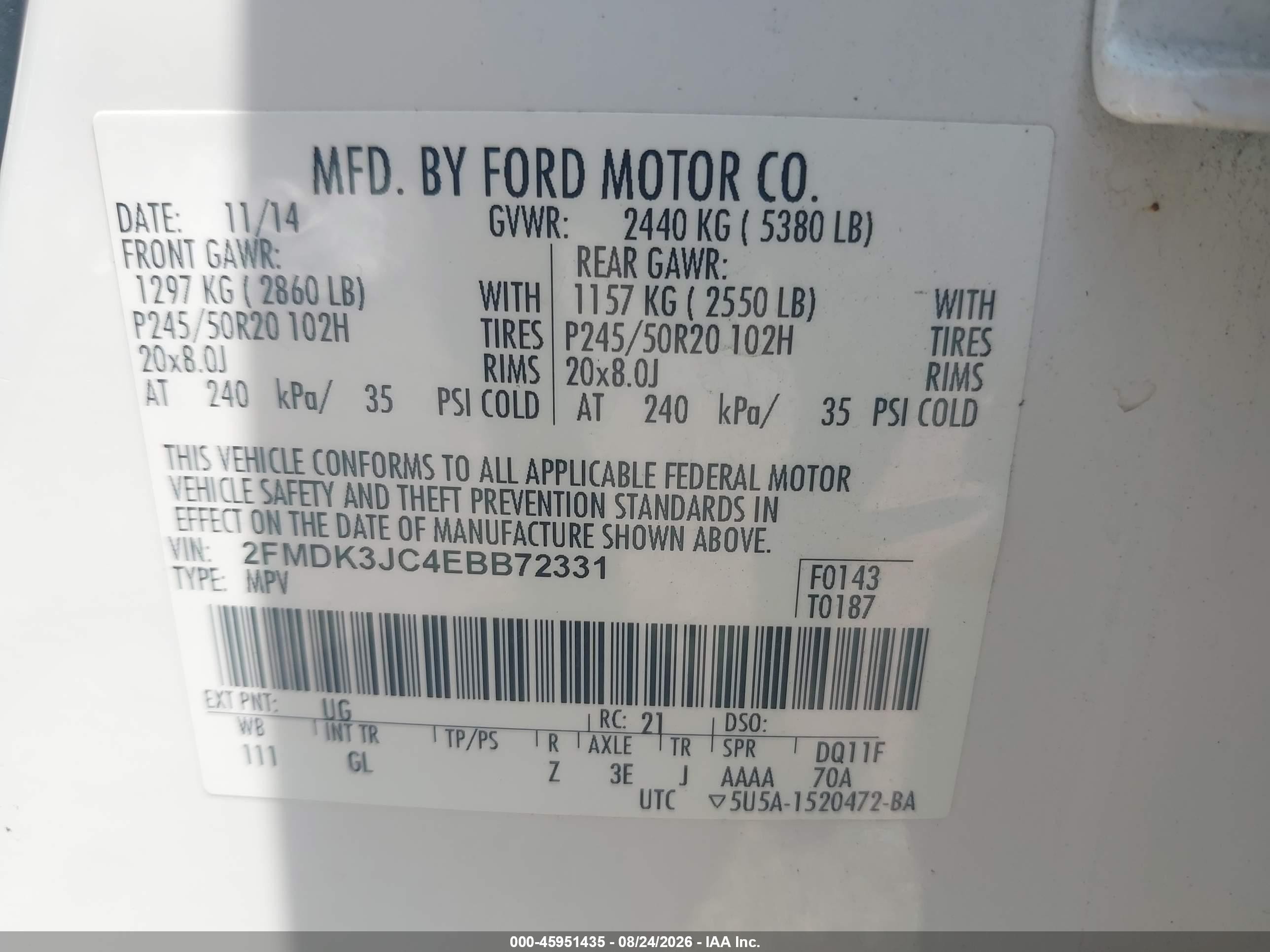 2014 Ford Edge Sel White vin: 2FMDK3JC4EBB72331