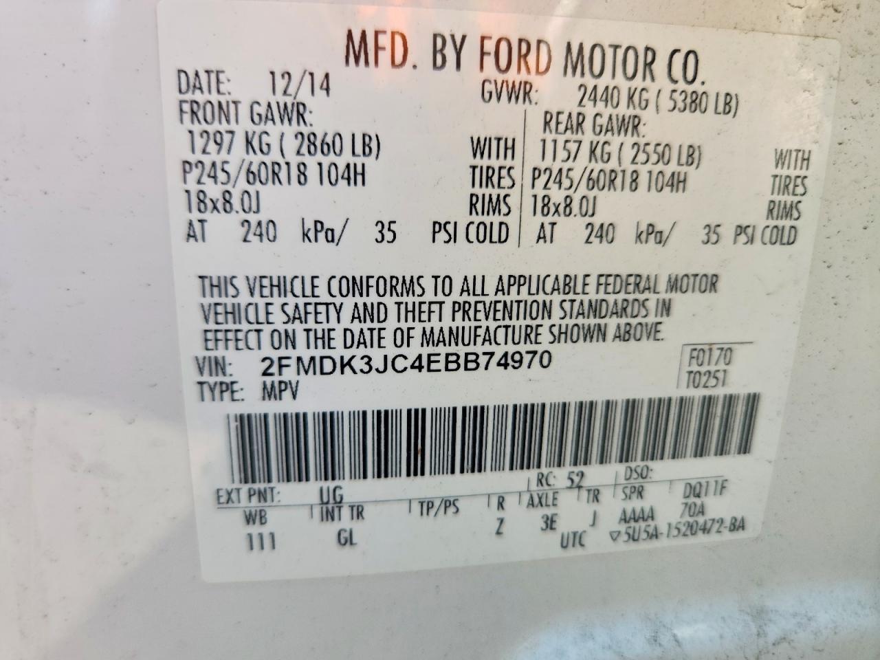 2014 Ford Edge Sel White vin: 2FMDK3JC4EBB74970