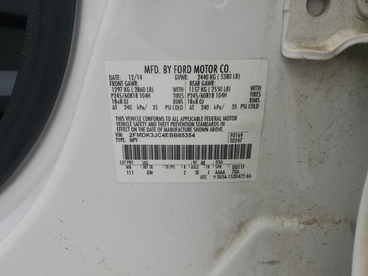 2014 Ford Edge White vin: 2FMDK3JC4EBB85354