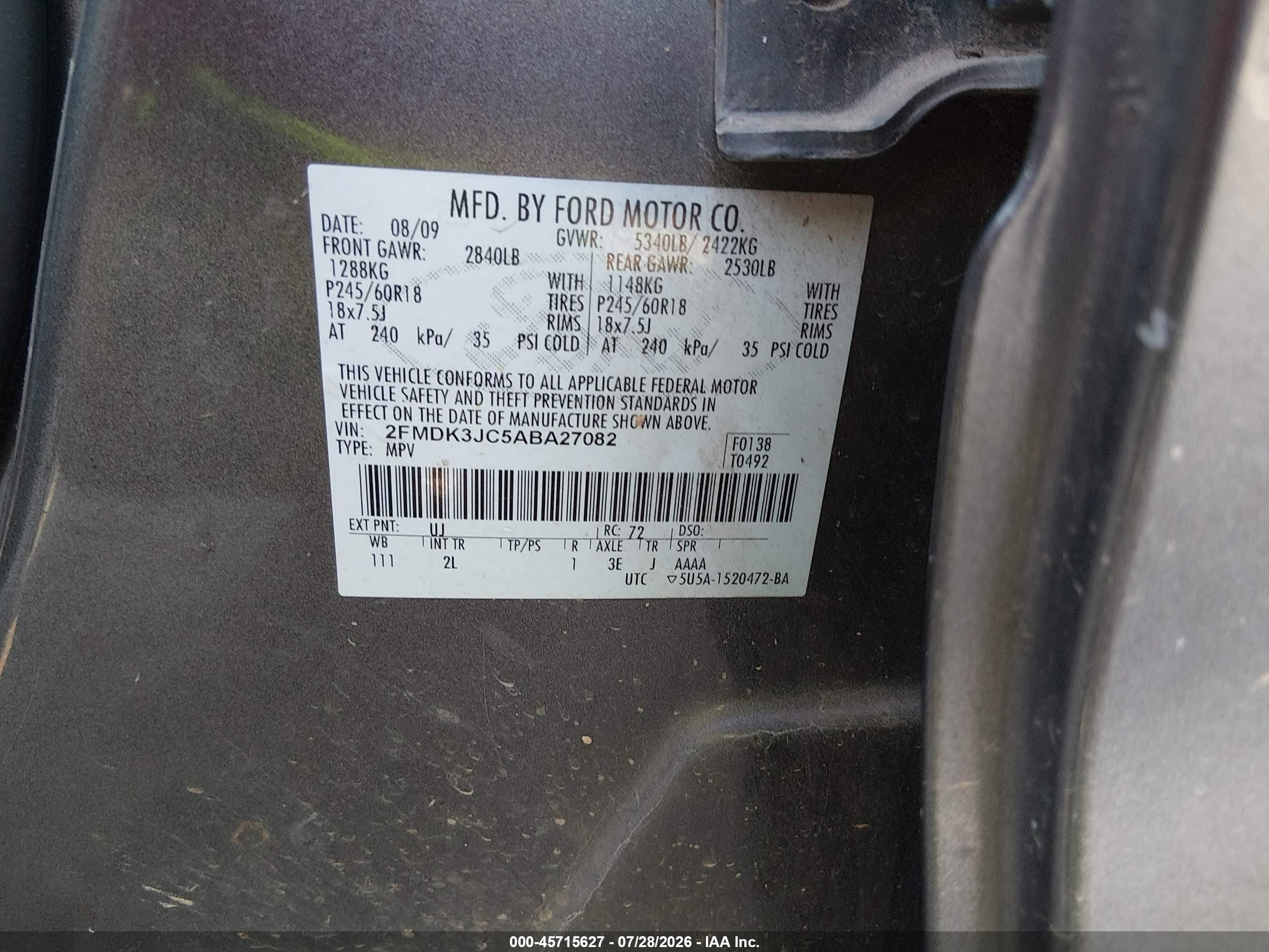2010 Ford Edge Sel Gray vin: 2FMDK3JC5ABA27082