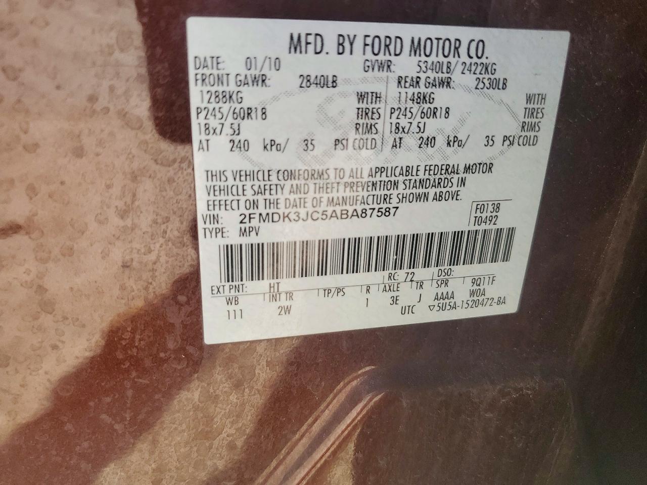 2010 Ford Edge Sel Brown vin: 2FMDK3JC5ABA87587