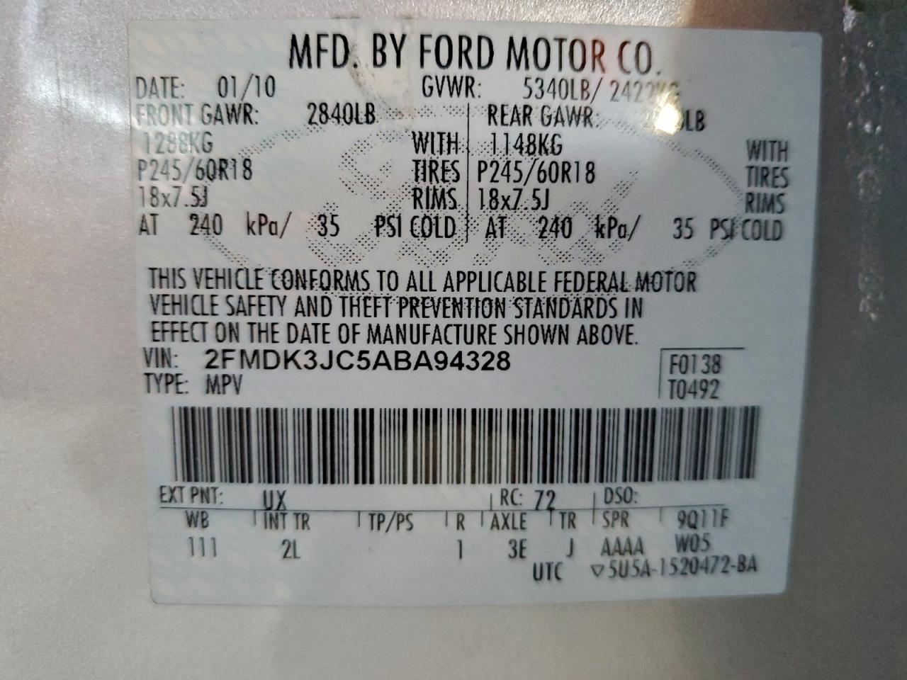 2010 Ford Edge Sel Gray vin: 2FMDK3JC5ABA94328