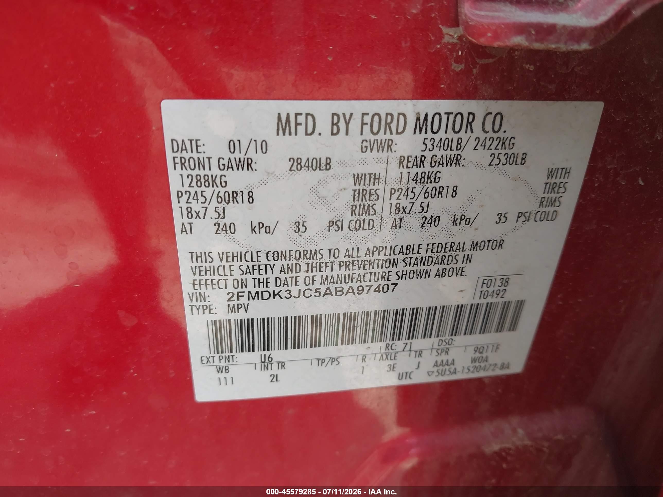 2010 Ford Edge Sel Red vin: 2FMDK3JC5ABA97407