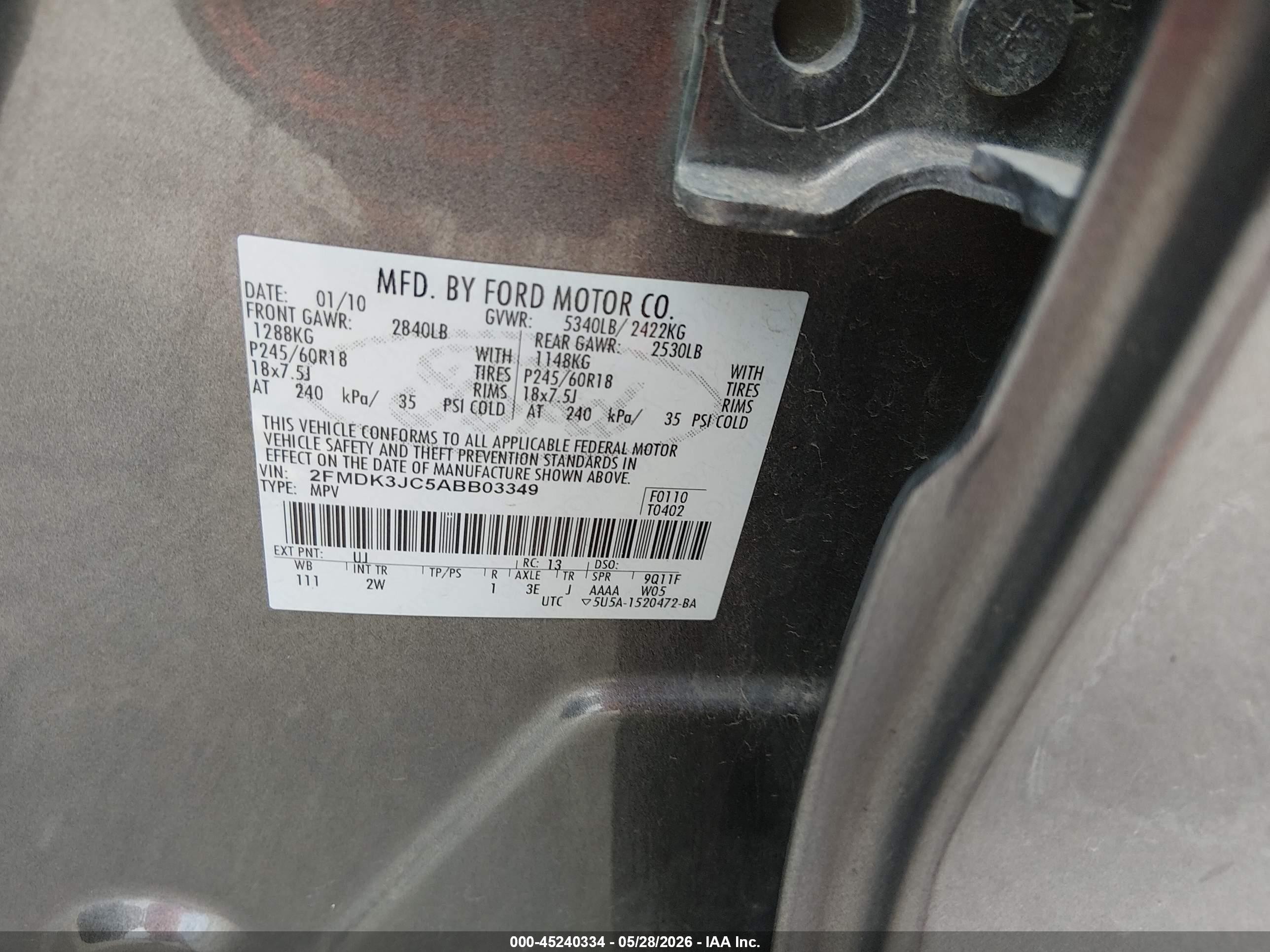 2010 Ford Edge Sel Gray vin: 2FMDK3JC5ABB03349