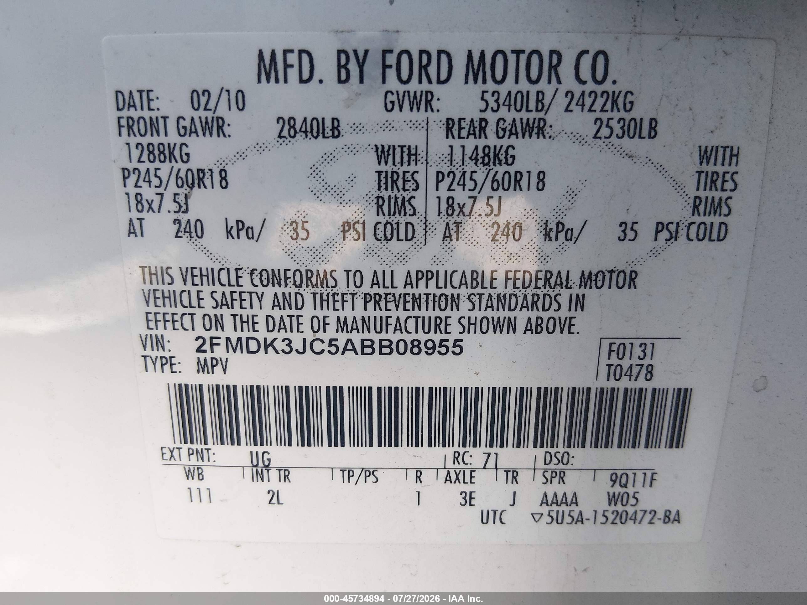 2010 Ford Edge Sel White vin: 2FMDK3JC5ABB08955