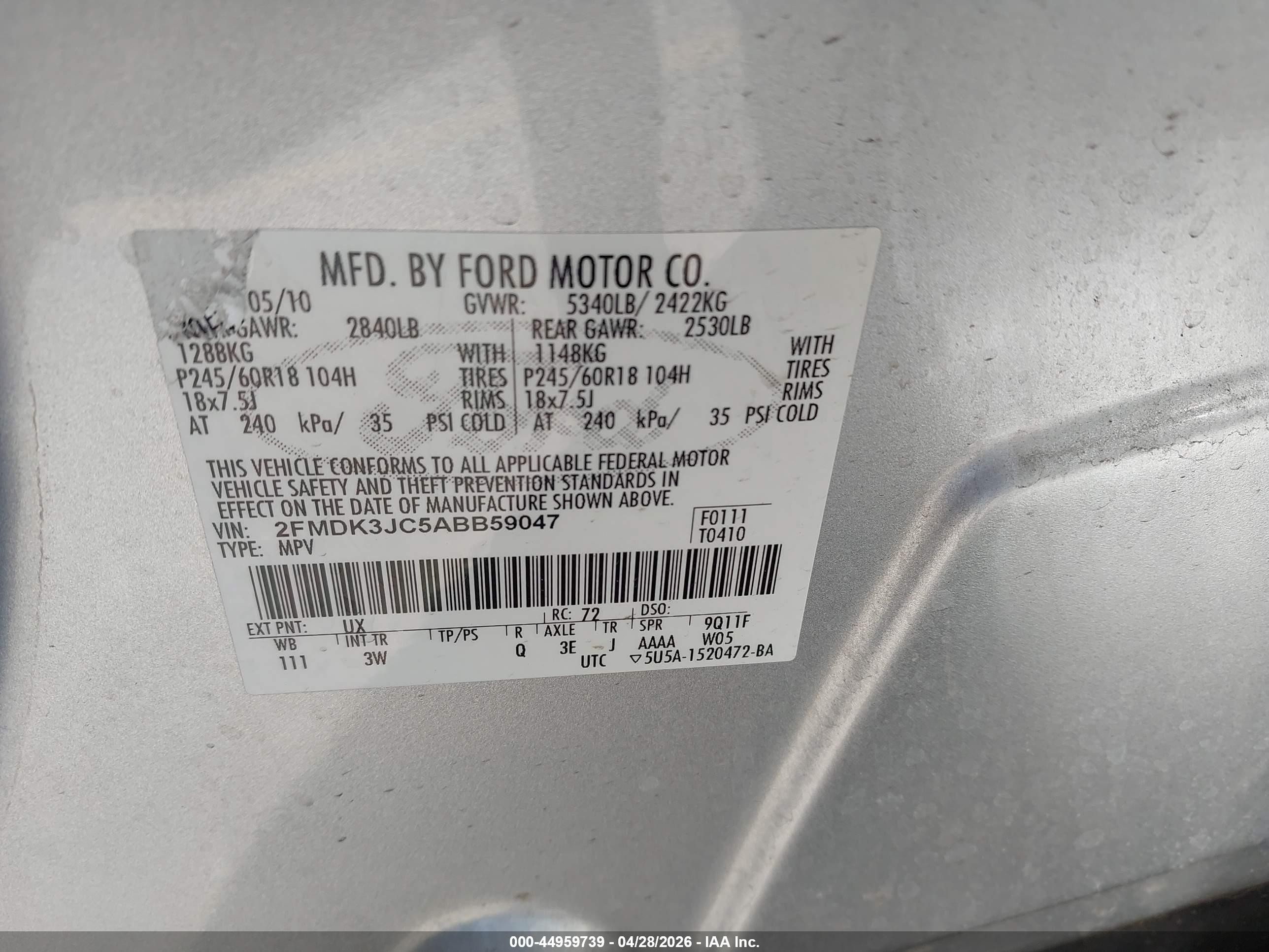 2010 Ford Edge Sel Silver vin: 2FMDK3JC5ABB59047