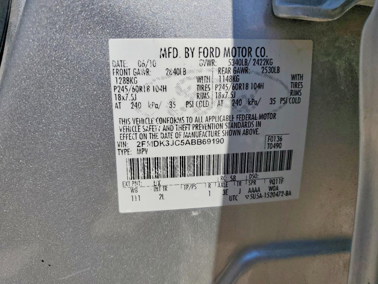 2010 Ford Edge Sel Silver vin: 2FMDK3JC5ABB69190