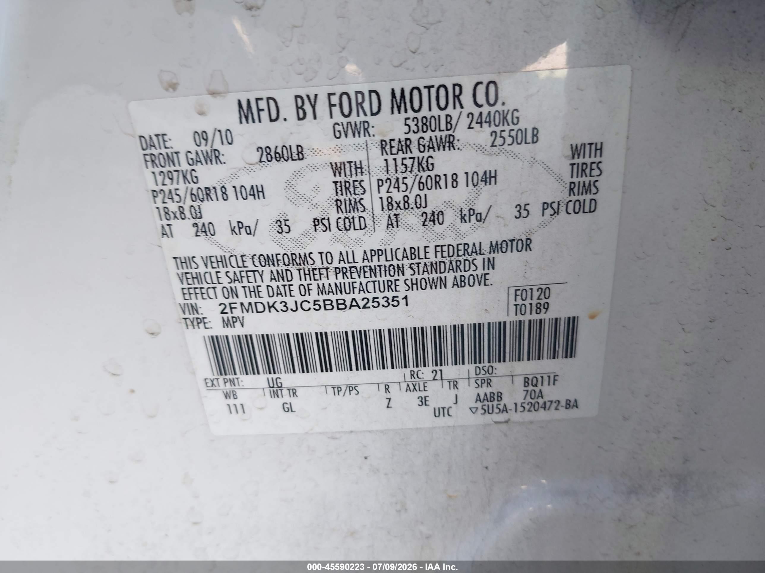 2011 Ford Edge Sel White vin: 2FMDK3JC5BBA25351