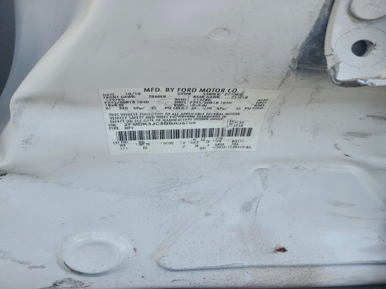 2011 Ford Edge Sel White vin: 2FMDK3JC5BBA38794