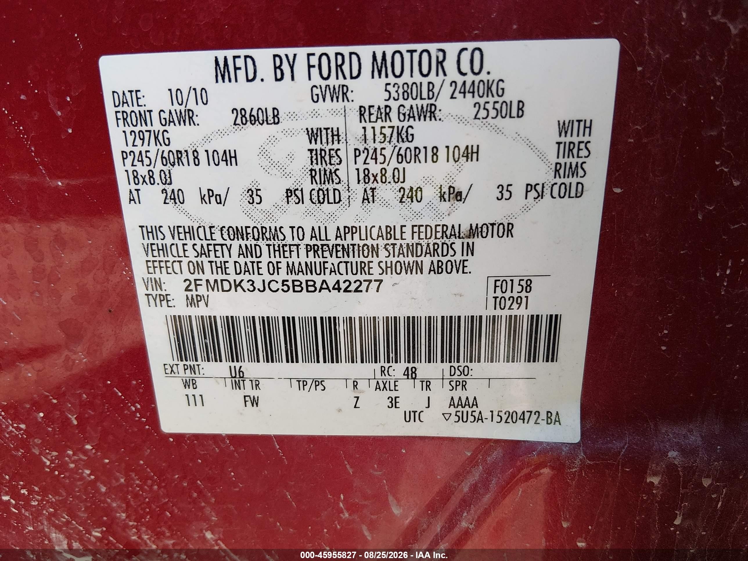 2011 Ford Edge Sel Burgundy vin: 2FMDK3JC5BBA42277