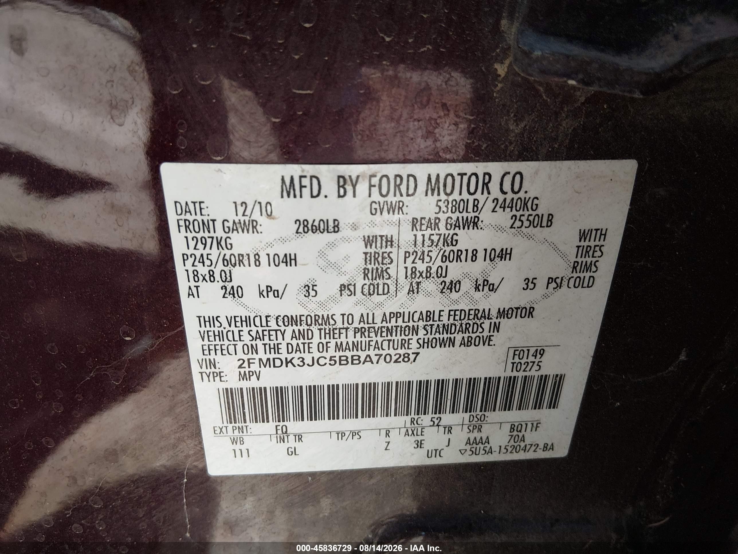 2011 Ford Edge Sel Maroon vin: 2FMDK3JC5BBA70287